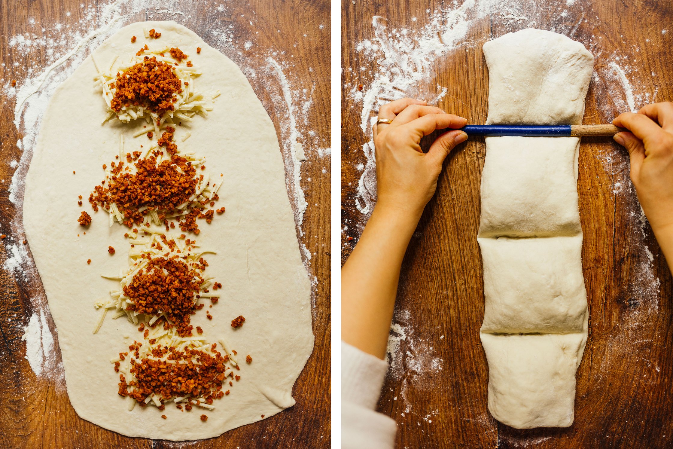 veganes Handbrot wird mit veganem Bacon und Käse gefüllt