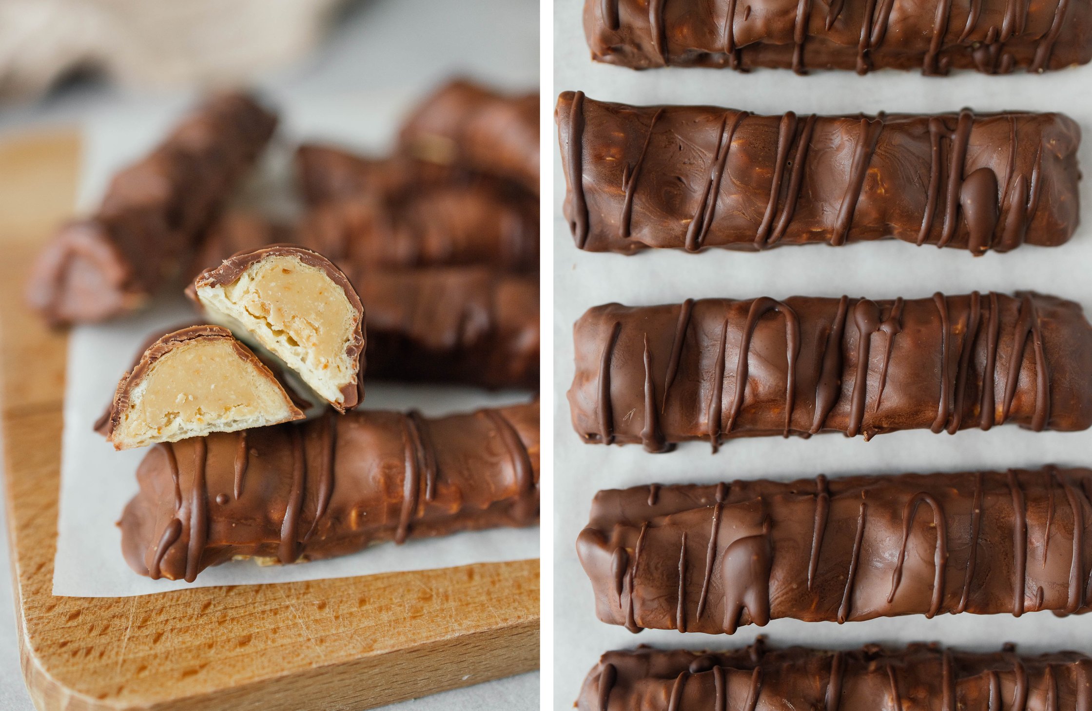 veganes Kinder Bueno angeschnitten; veganes Kinder Bueno von oben auf einem Backpapier