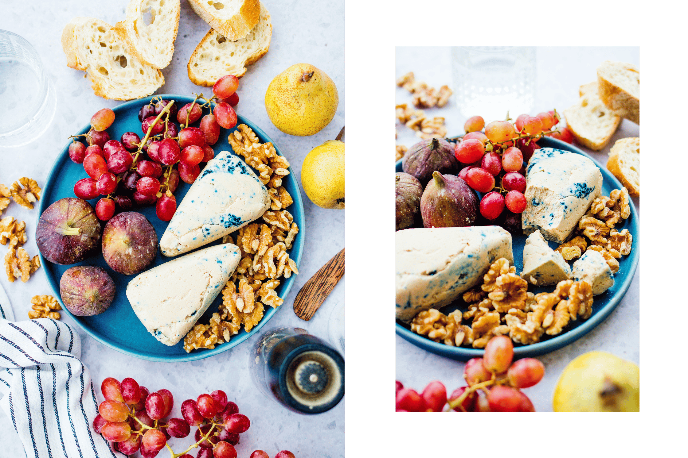 vegan gorgonzola cheese served with grapes, nuts and grapes