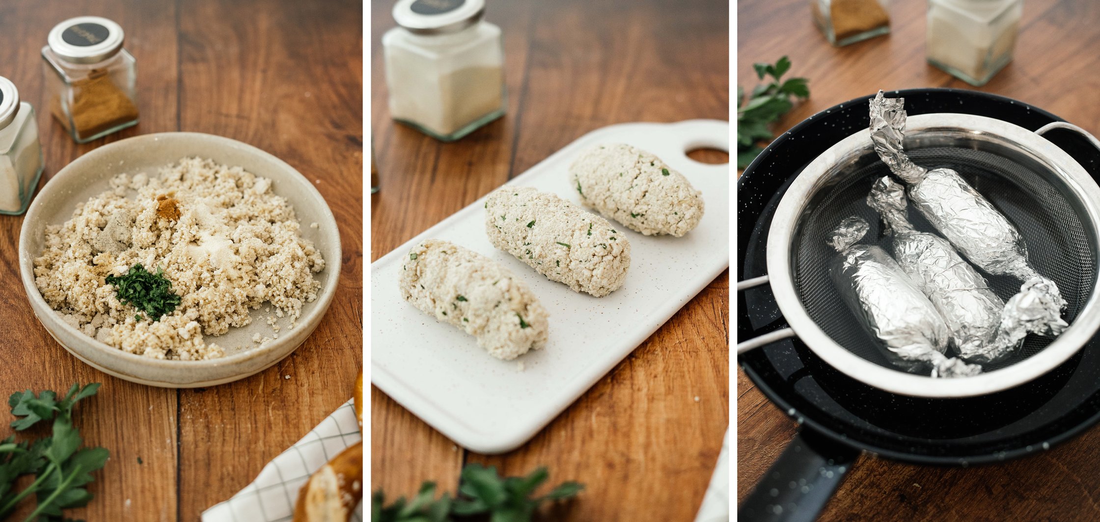 tofu, seitan and spices in a bowl; forming vegan veal sausages; cooking sausages in aluminum foil
