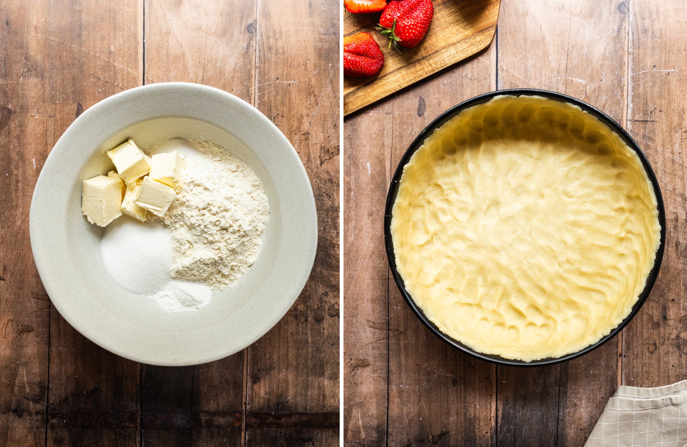 The first pair of pictures shows how to make shortcrust pastry.