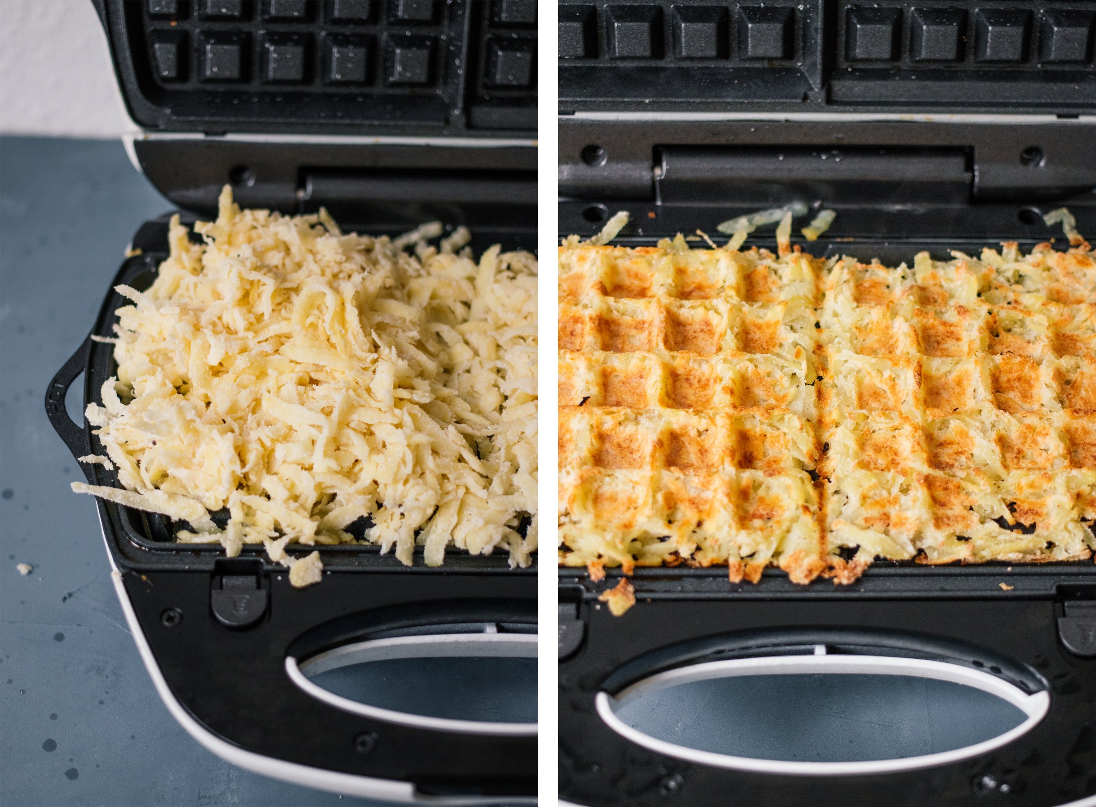 vegan savory waffles before and after frying