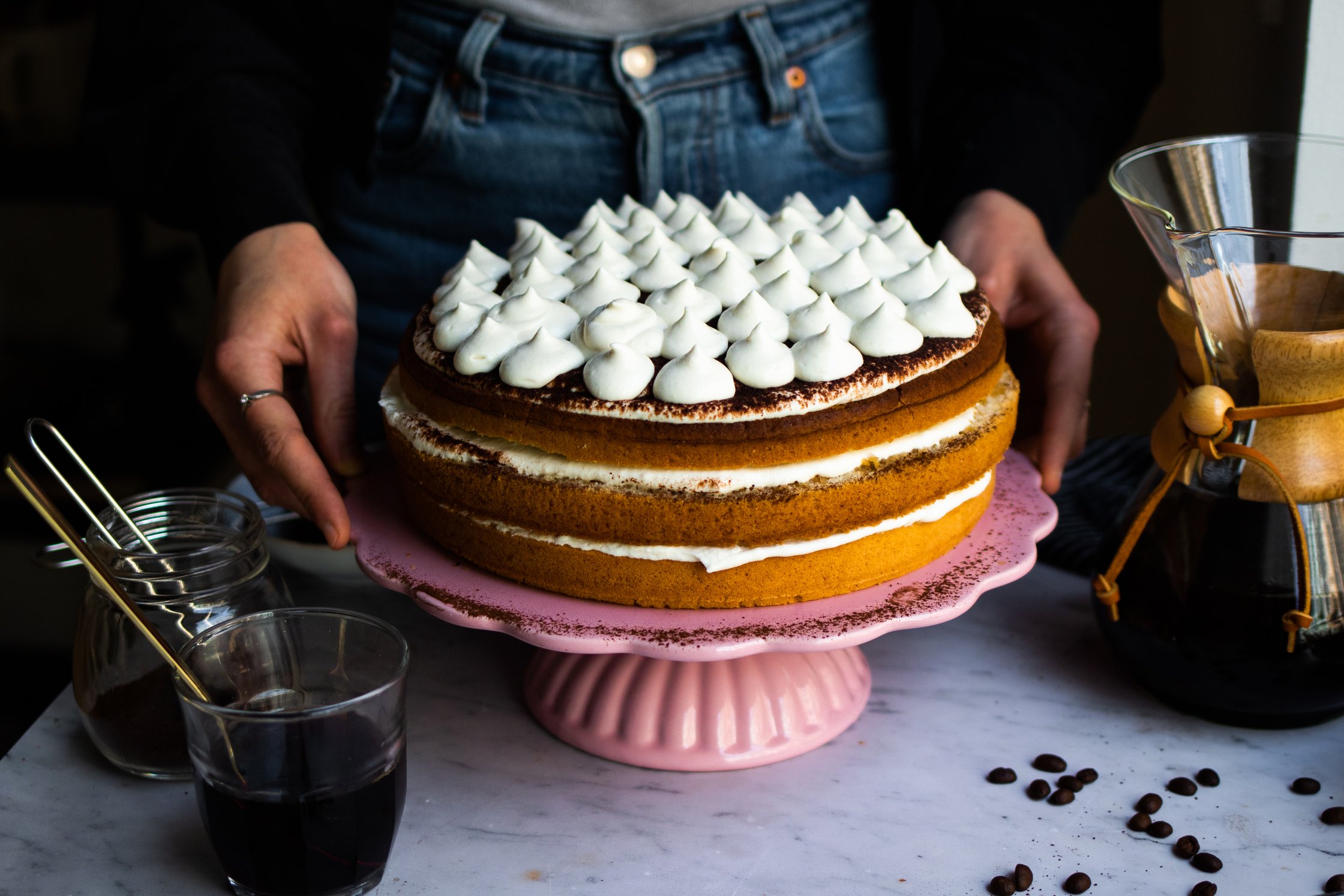Vegan Tiramisu Cake with three layers Sponge Cake and Cream