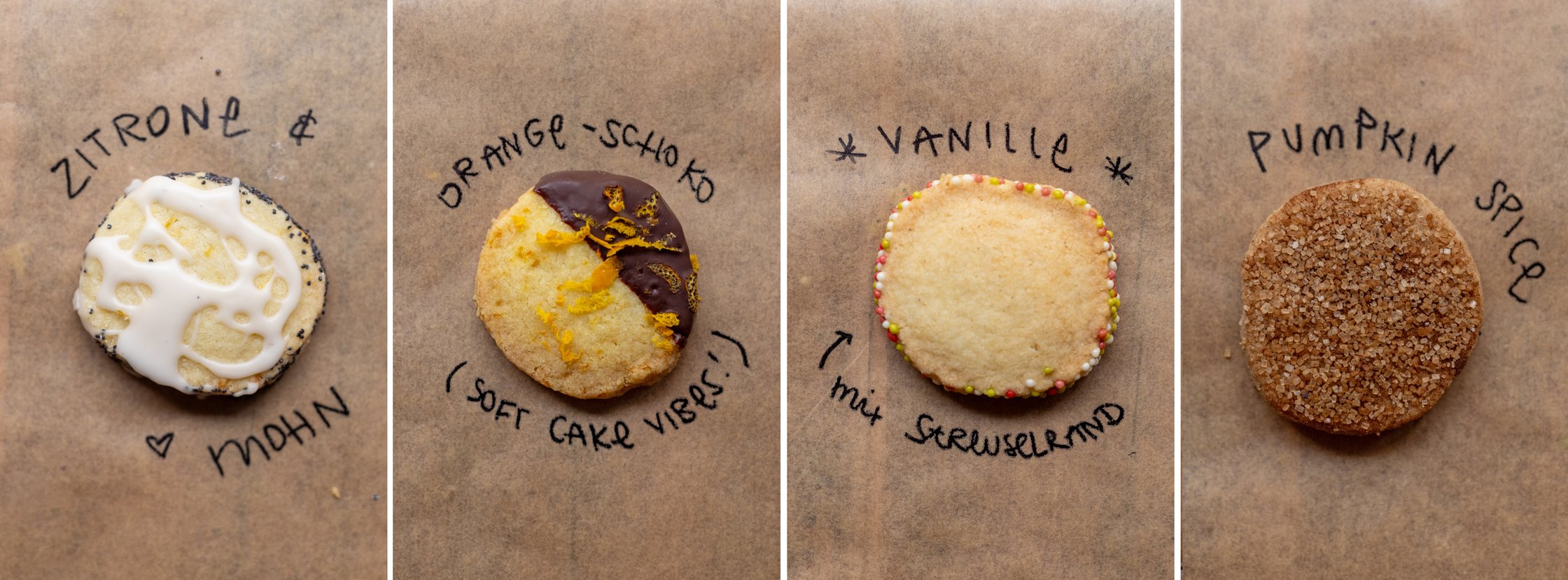 closeup of 4 types of slice and bake cookies: lemon and poppyseed, orange and chocolate, vanilla, and pumpkin spice