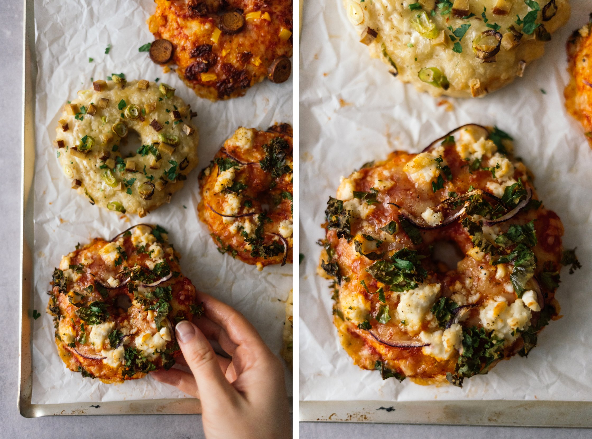 vegan pizza donut with kale and plant-based feta cheese
