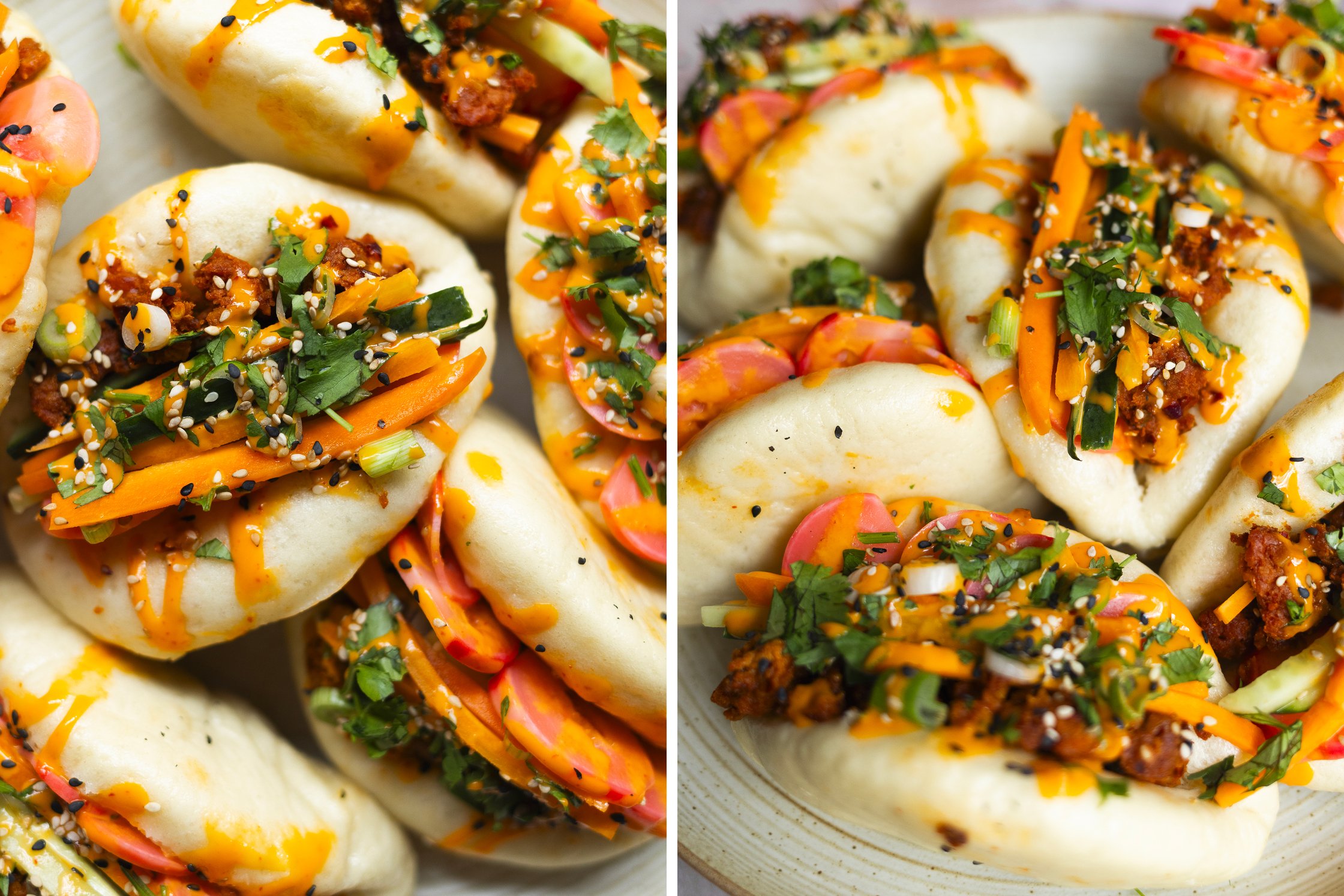 vegane Bao Buns gefüllt mit veganem Hack und eingelegtem Gemüse