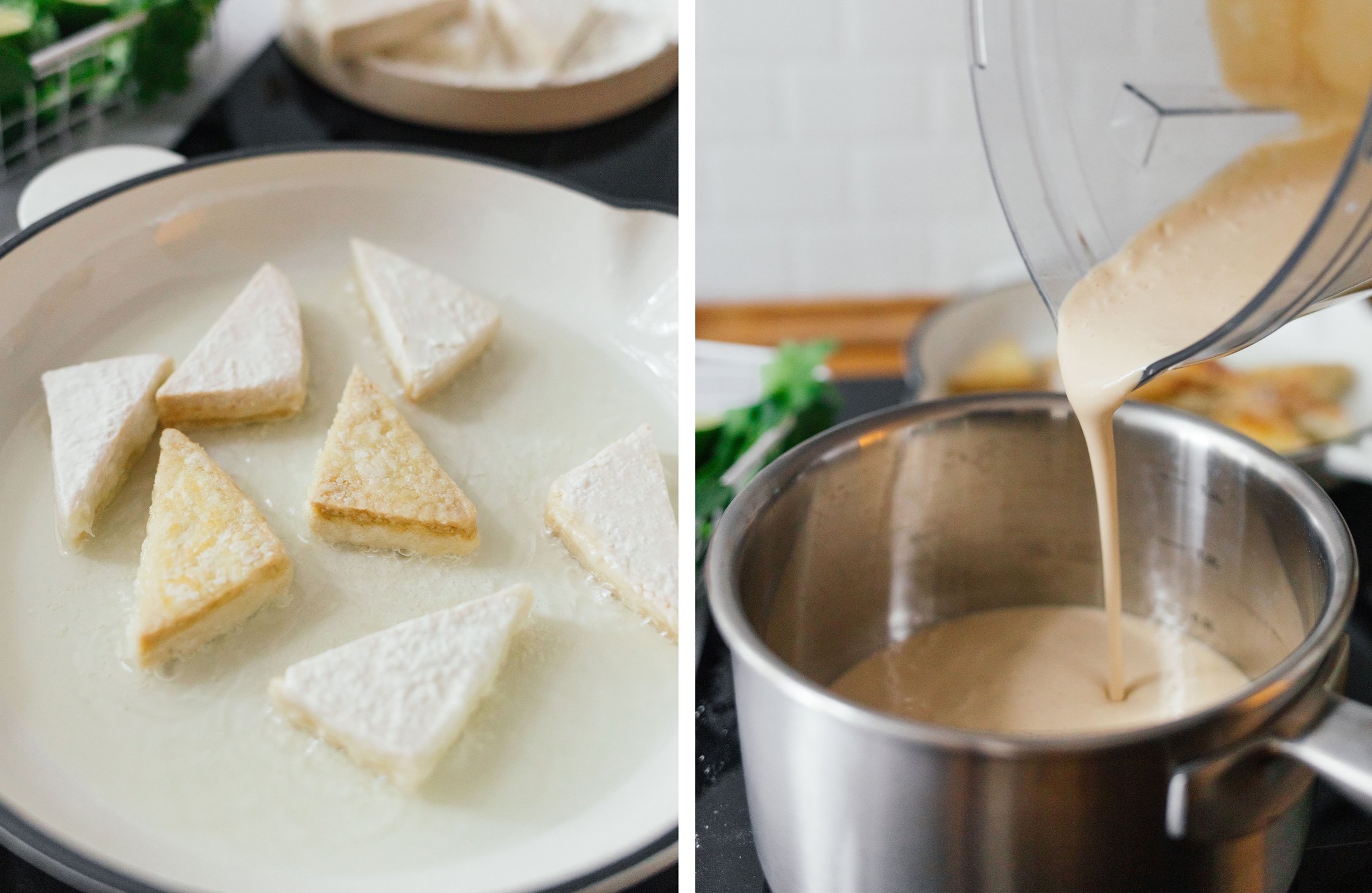 frying tofu in a pan; heating the peanut sauce in a pan