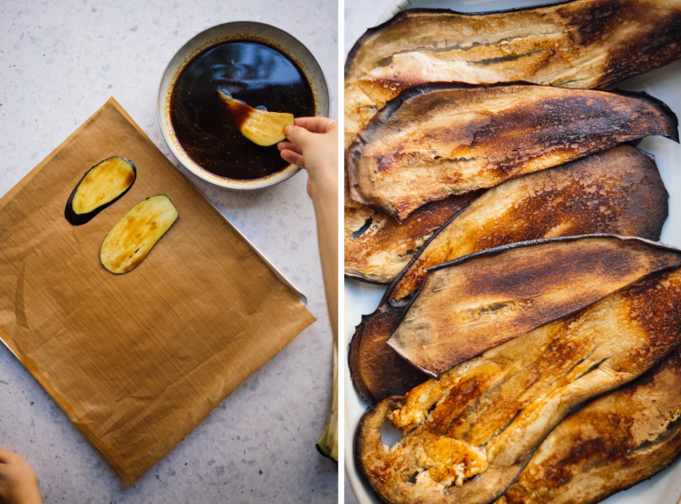 auberginenbacon zubereiten vor und nach dem backen