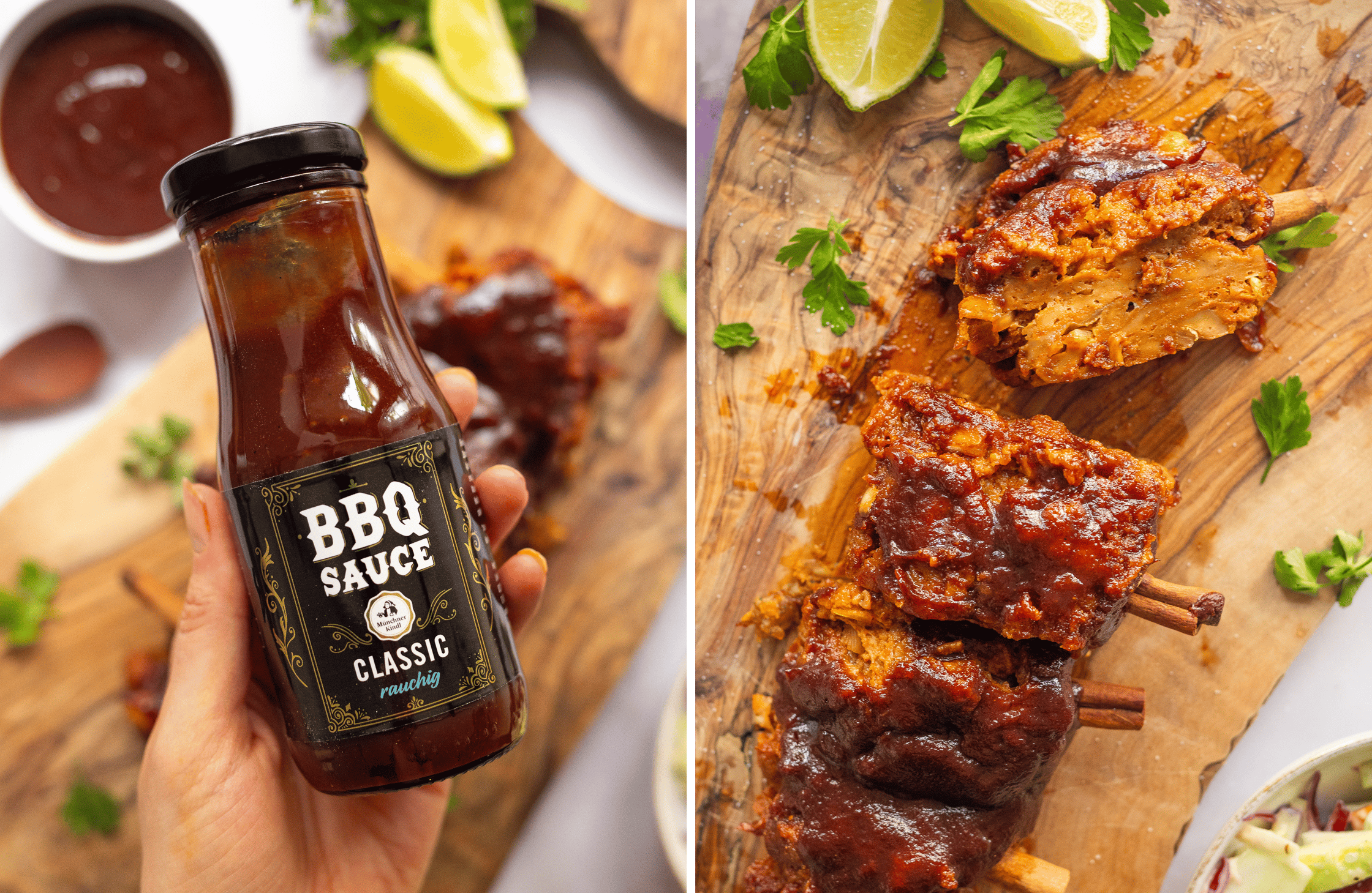 Eine Hand hält eine BBQ Soße. Vegane Rippchen liegen auf einem Holzbrett, Limette, Coleslaw und BBQ Soße liegen rund um das H