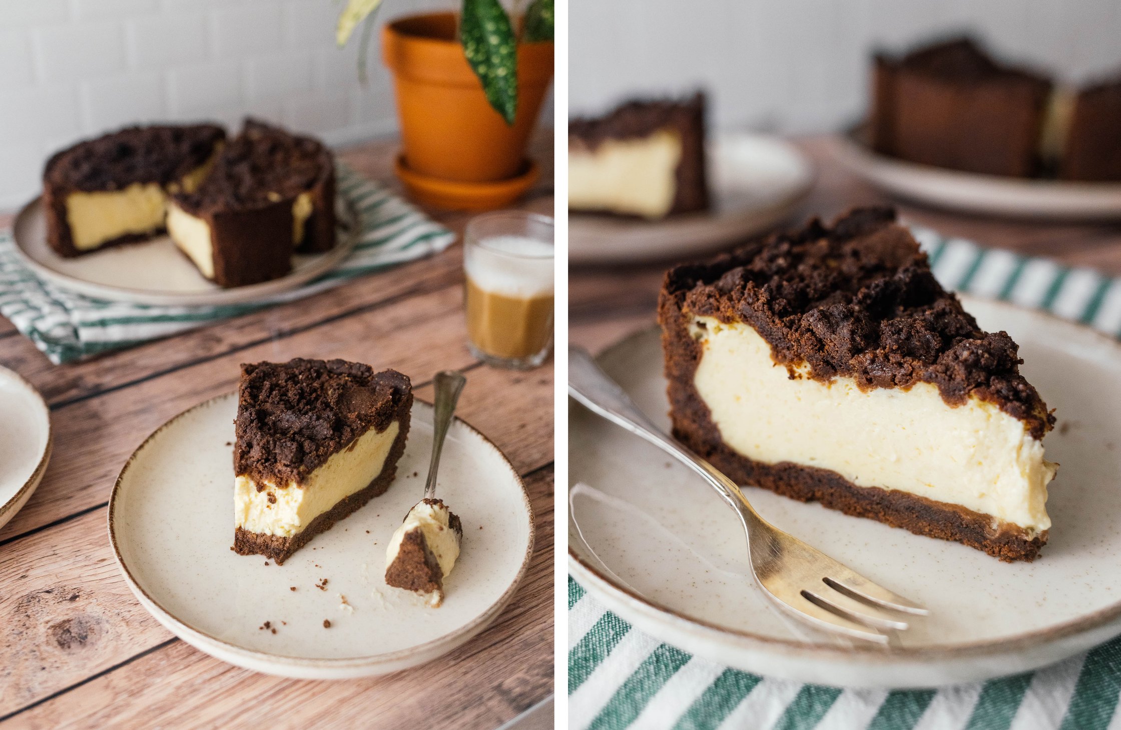 a piece of vegan Russian chocolate cheesecake on a plate