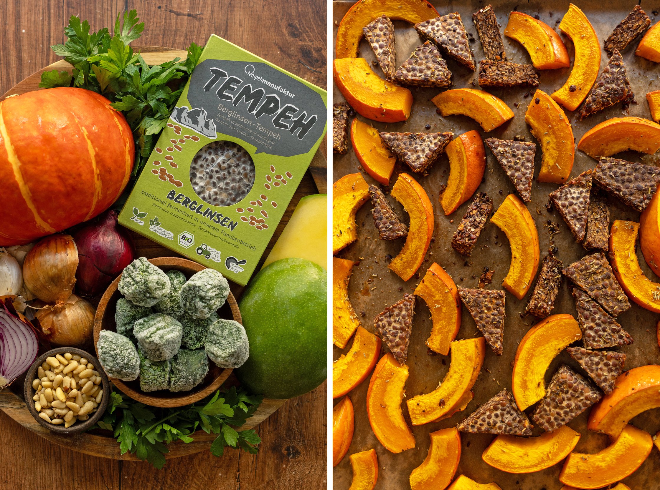 zutaten für Kürbis und Tempeh aus dem Ofen mit würzigem Rahmspinat und Mango-Salsa