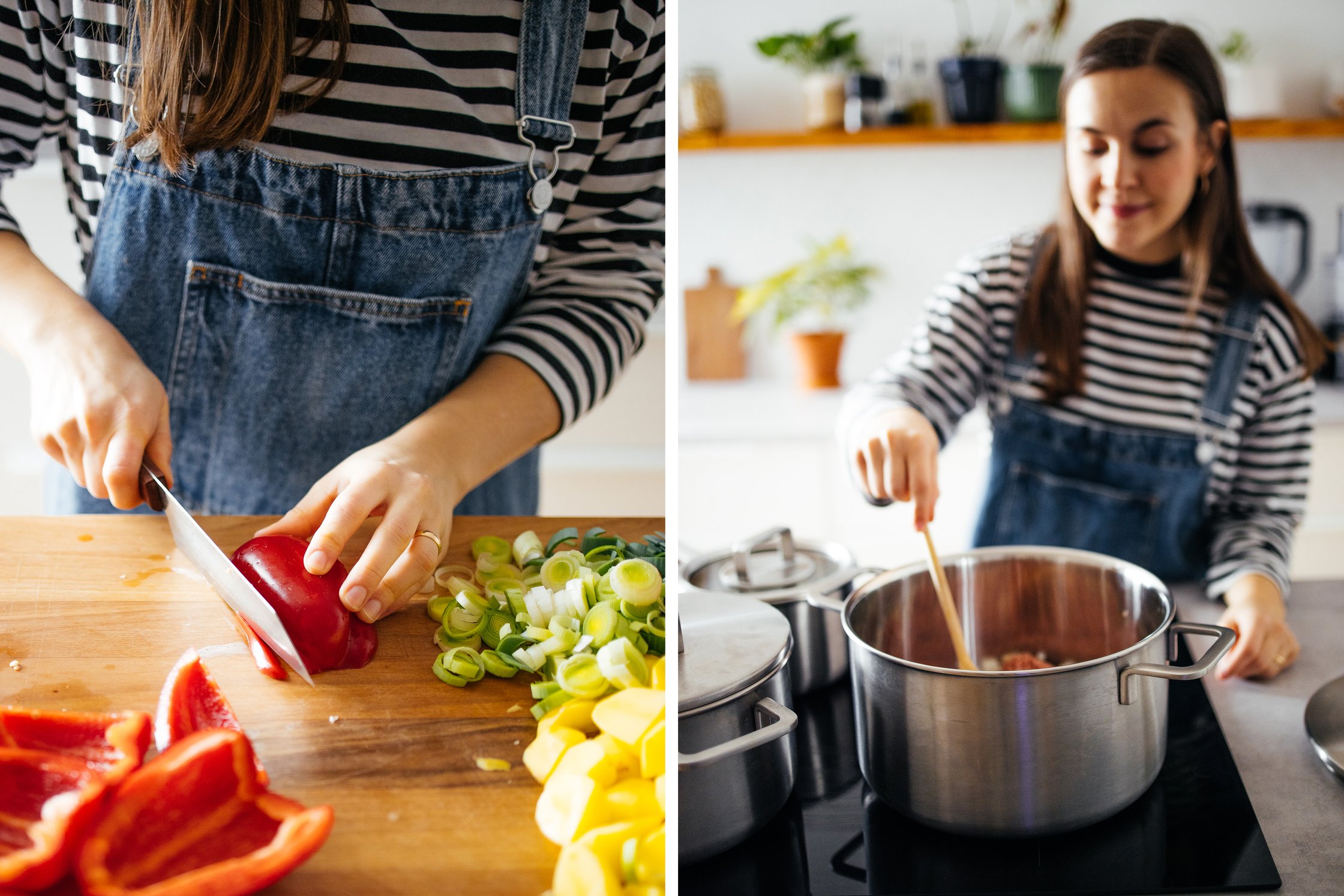 Isa chopping veggies and heating a stew