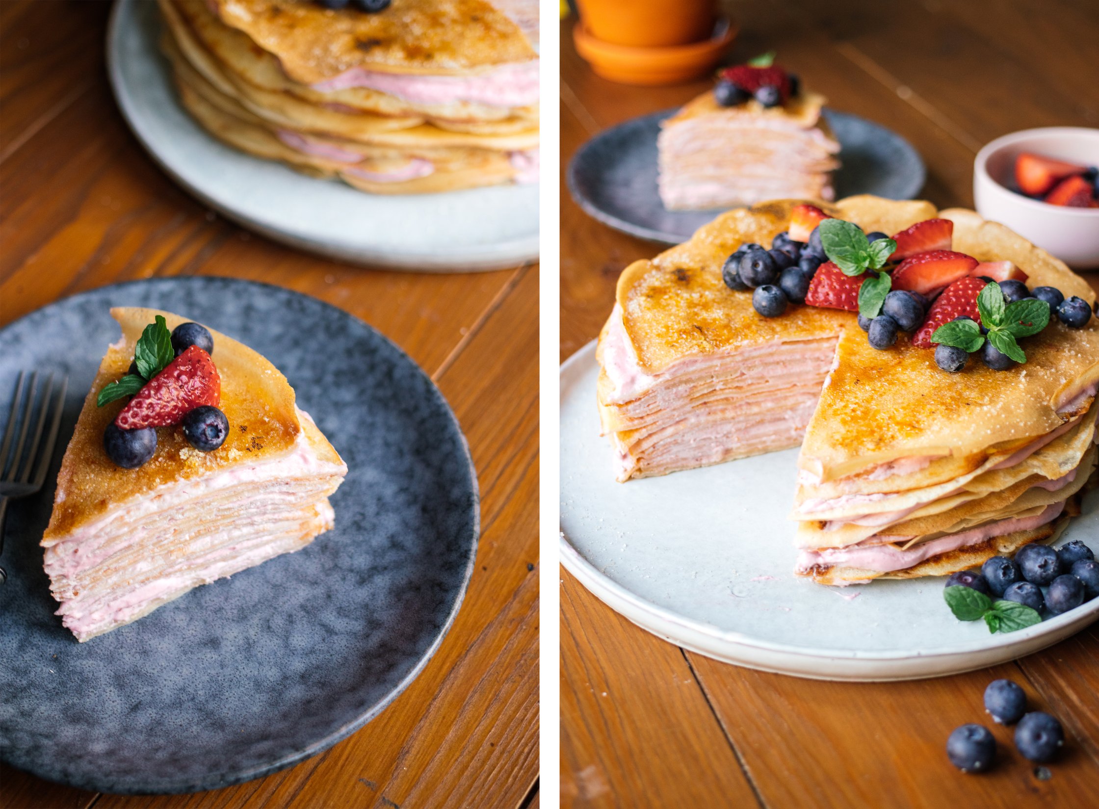 a piece of Vegan crêpe cake with strawberries