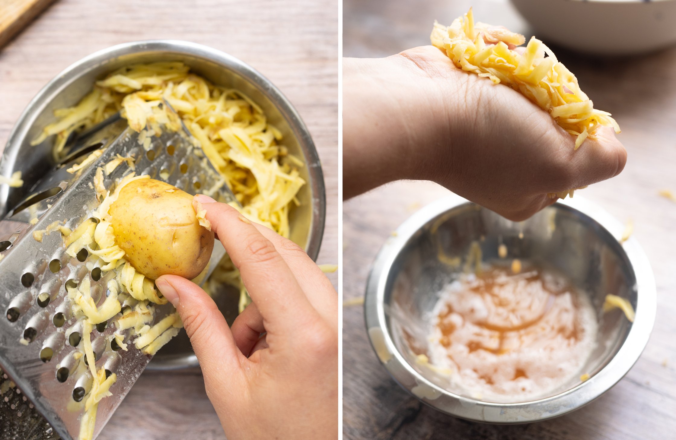 Left: A potato is being grated. Right: A hand is squeezing the juice out of the grated potato.