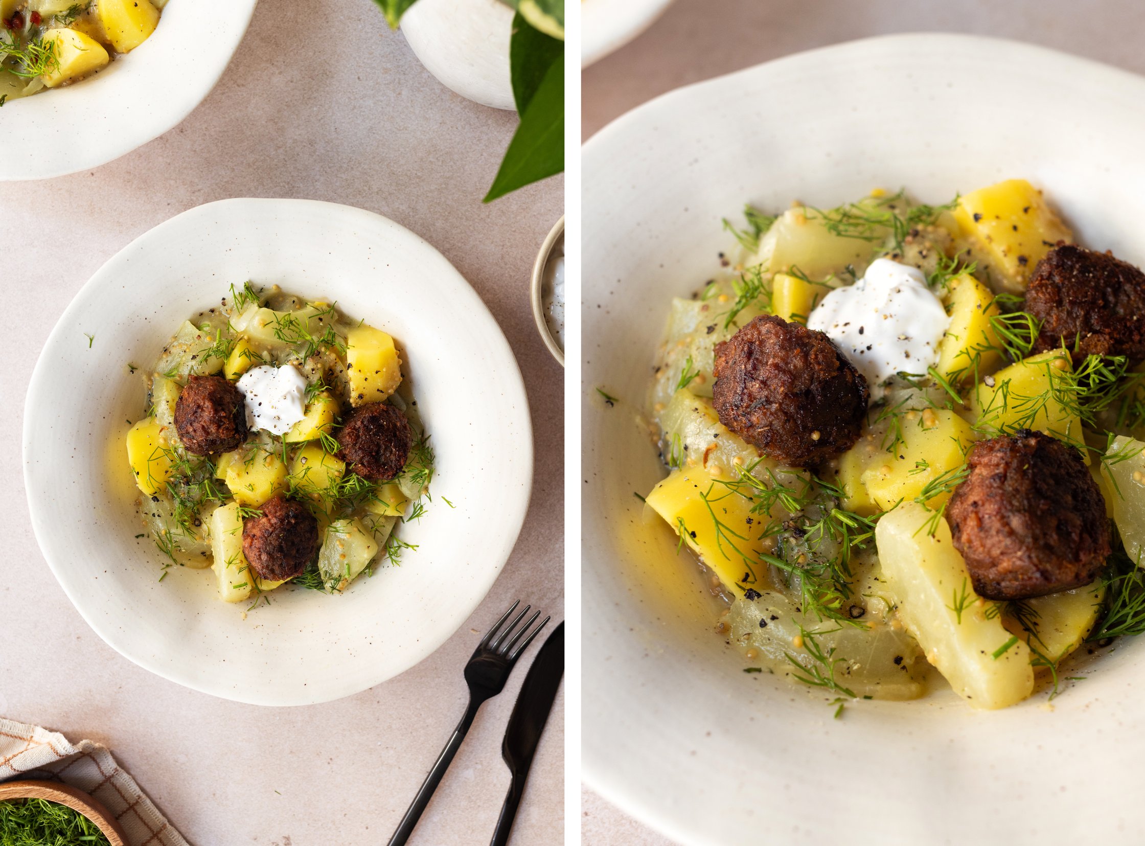 close up of stewed cucumbers with potatoes and plant-based meatballs