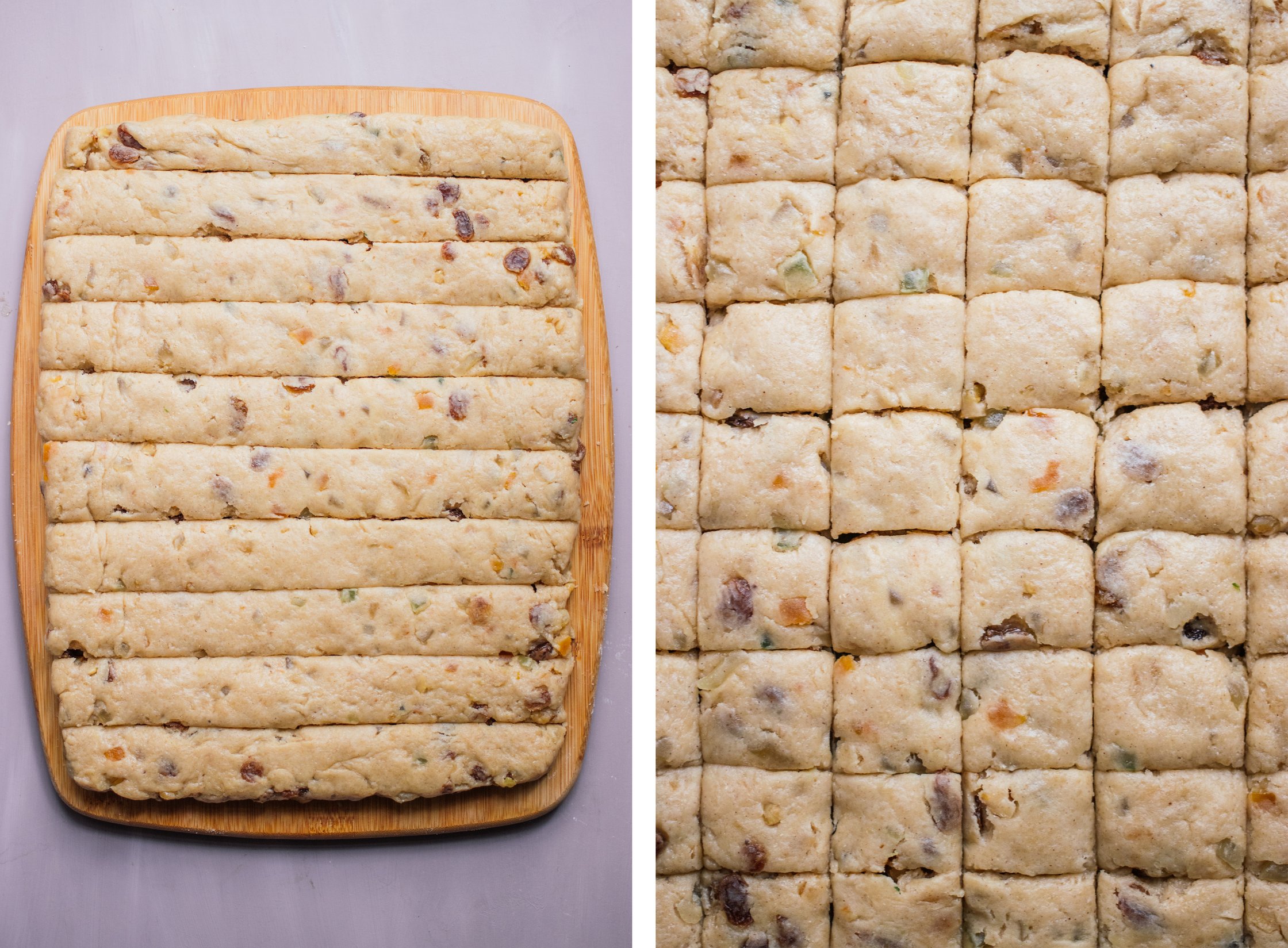 teig für veganes stollenkonfekt in kleine stücke schneiden