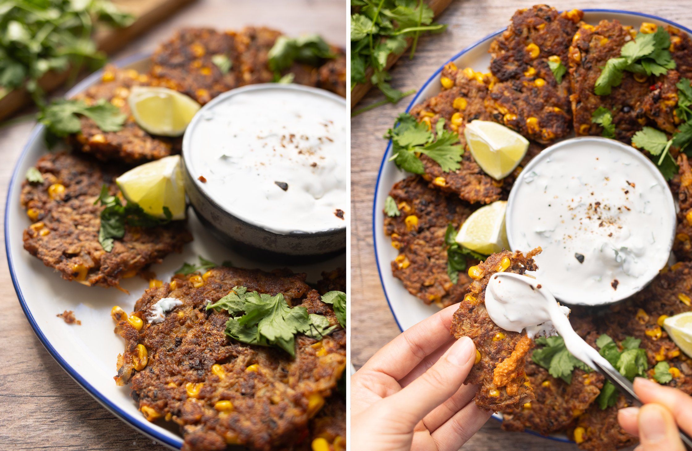 Left: A close-up of the fritters on a plate, arranged around the dip. Right: The dip is spread on a fritter with a spoon.