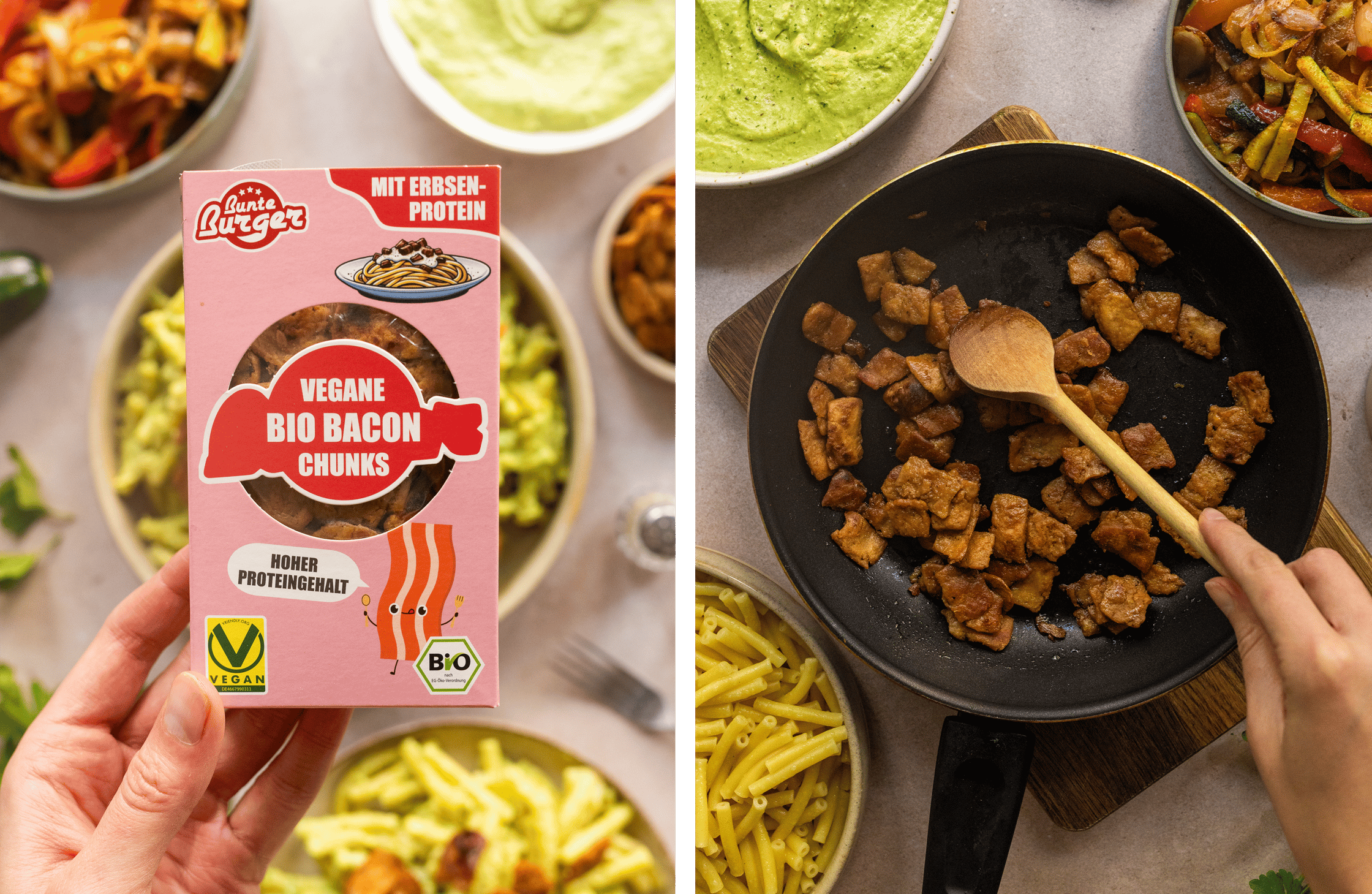 Packaging of vegan bacon and vegan bacon frying in a pan.
