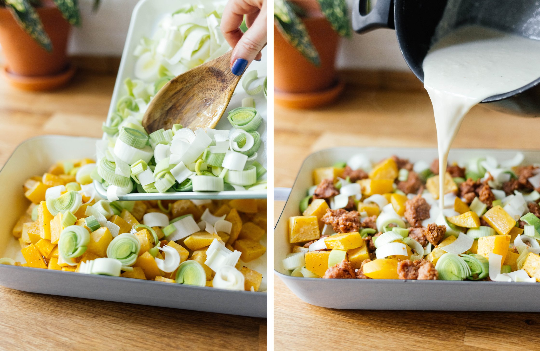 filling a baking dish with rutabaga, leek, vegan minced meat and vegan cheese