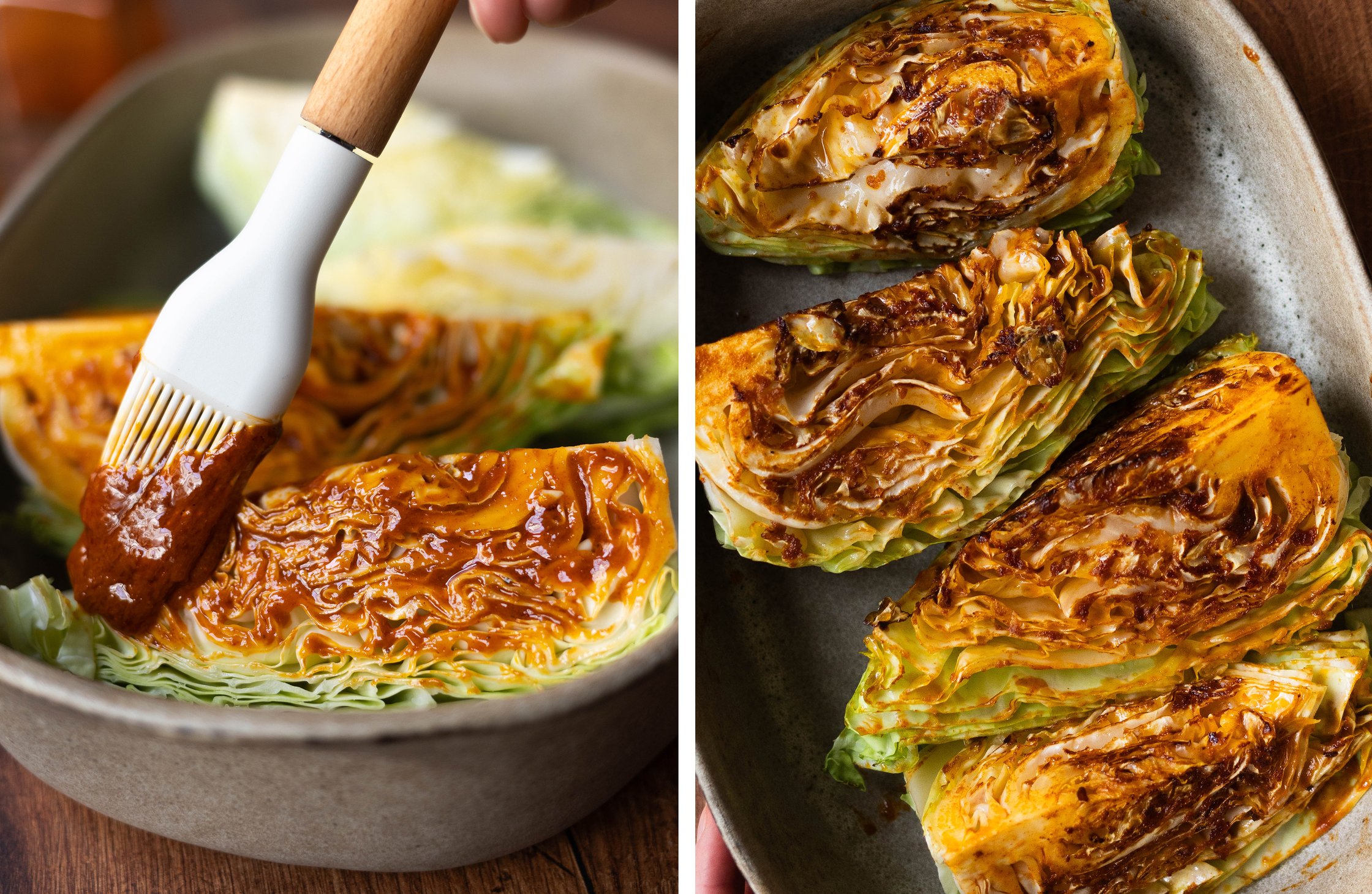 Cabbage quarters are brushed with marinade; cabbage in baking dish after roasting