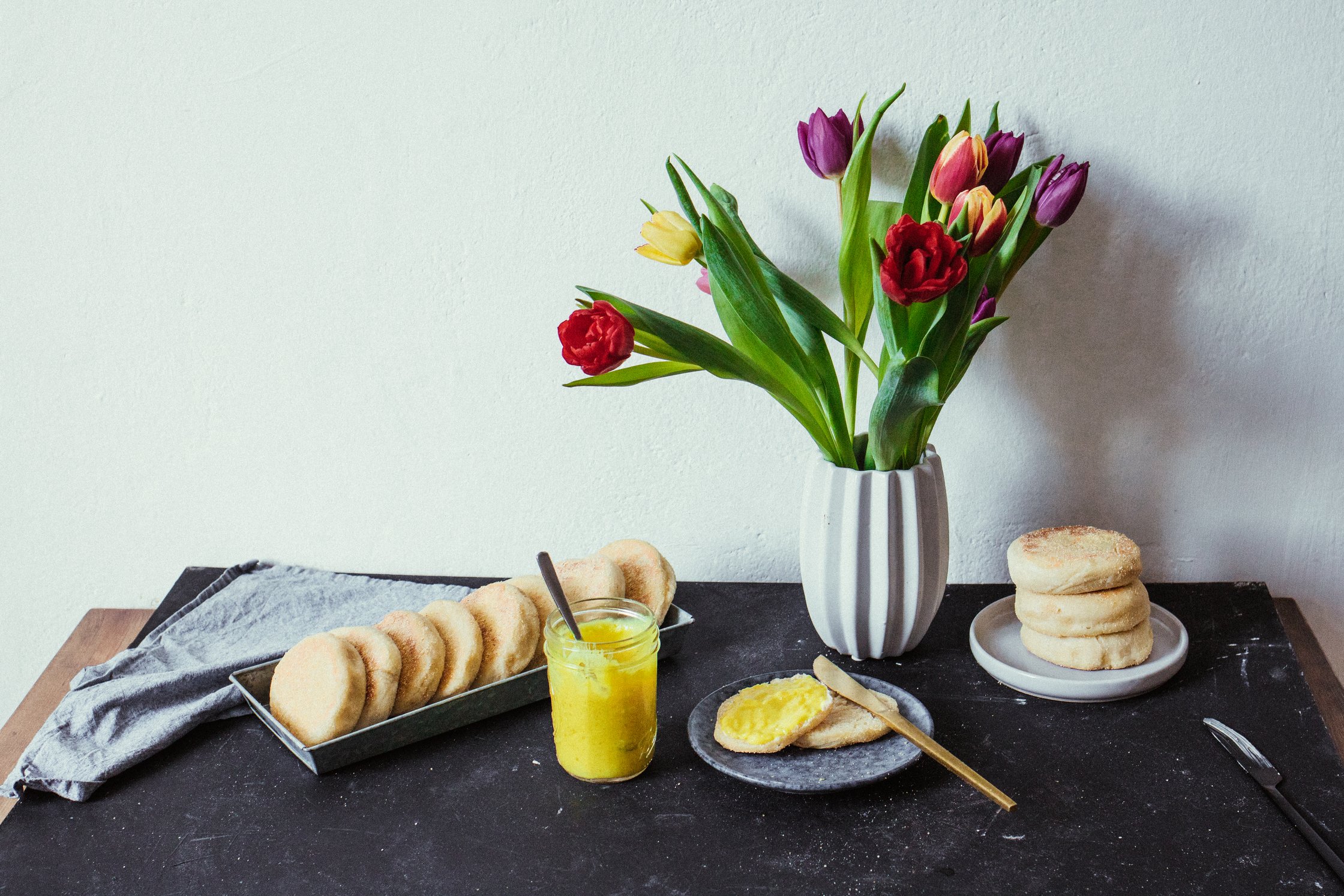 table with flowers and food