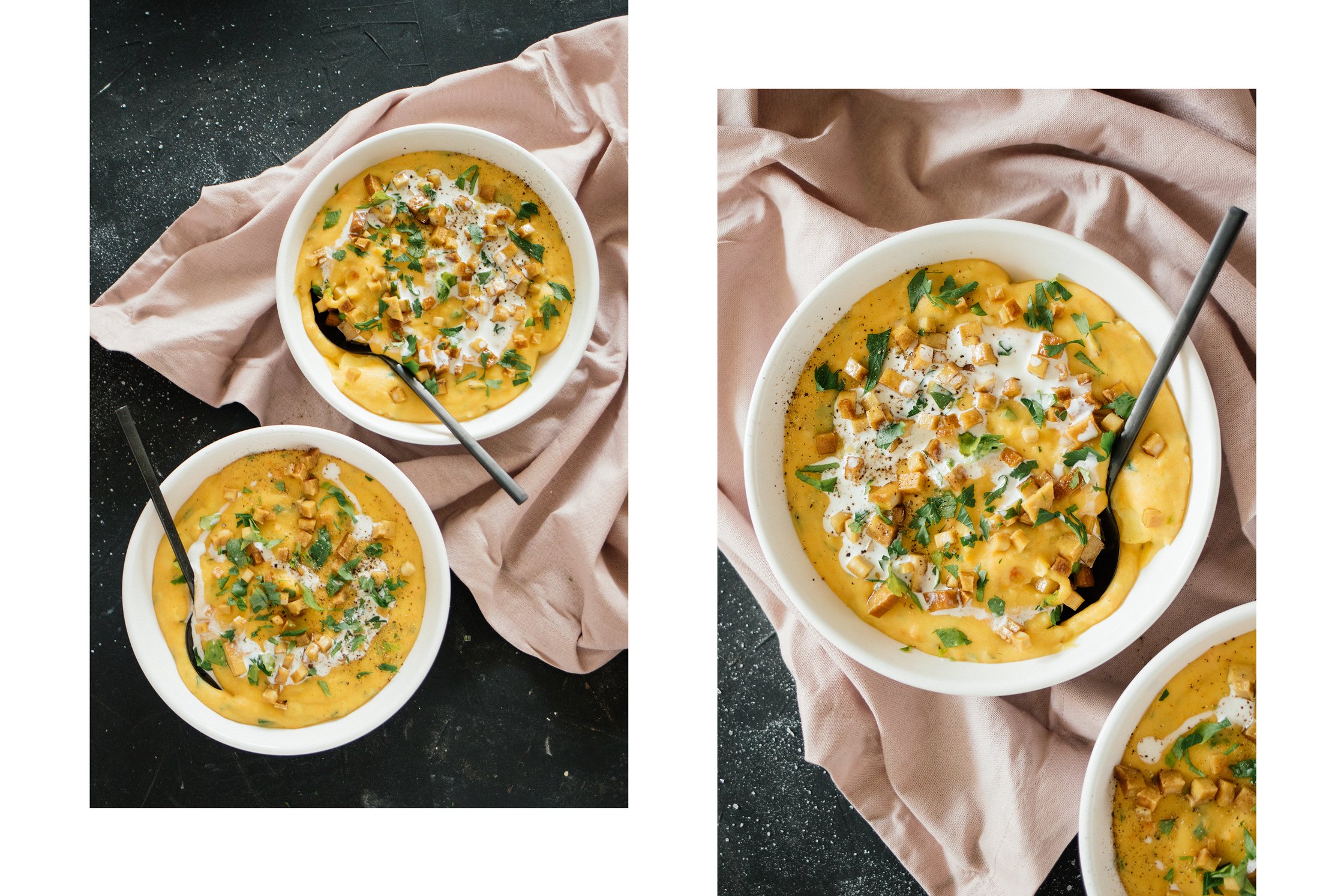 vegan potato soup in two white plates