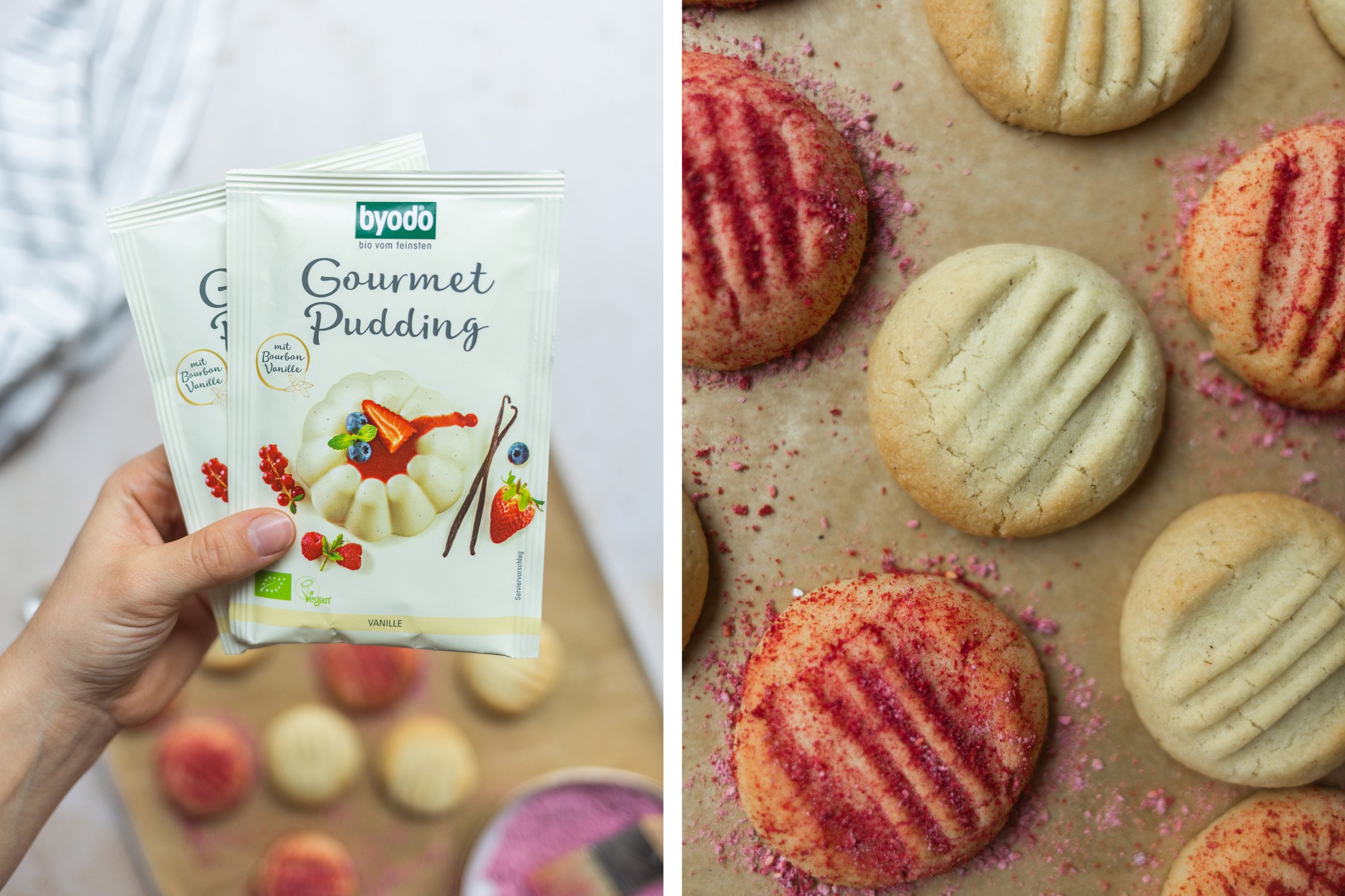 gourmet pudding packaging, vegan pudding cookies on a baking paper, decorated with raspberry powder