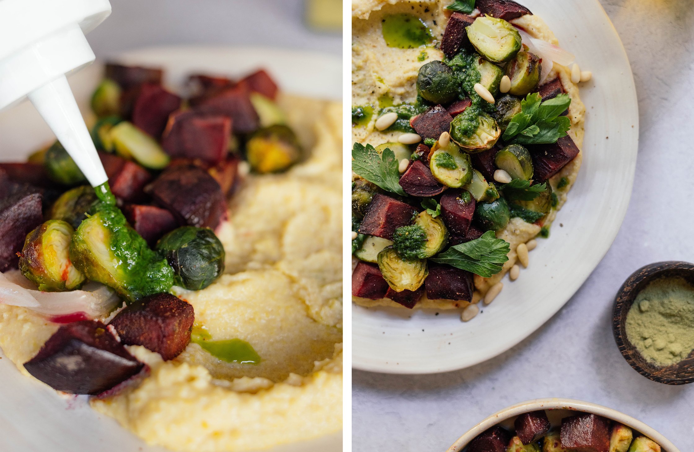 Polenta mit Rosenkohl und rote Beete auf einem Teller.