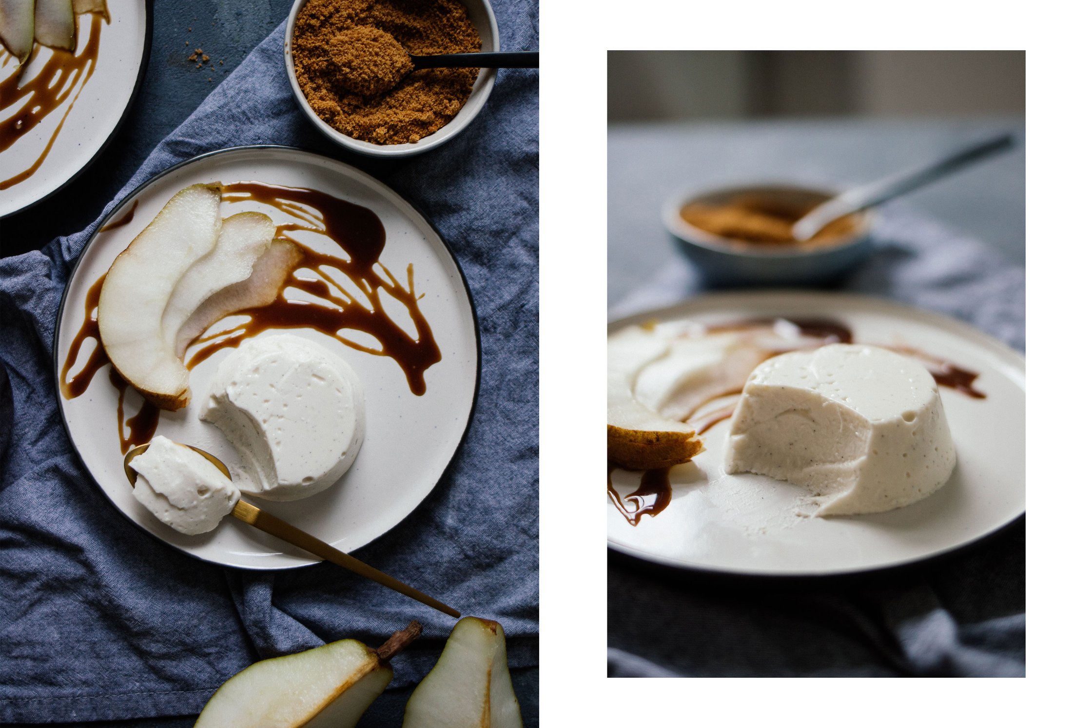 Panna Cotta mit Birnen auf einem Teller