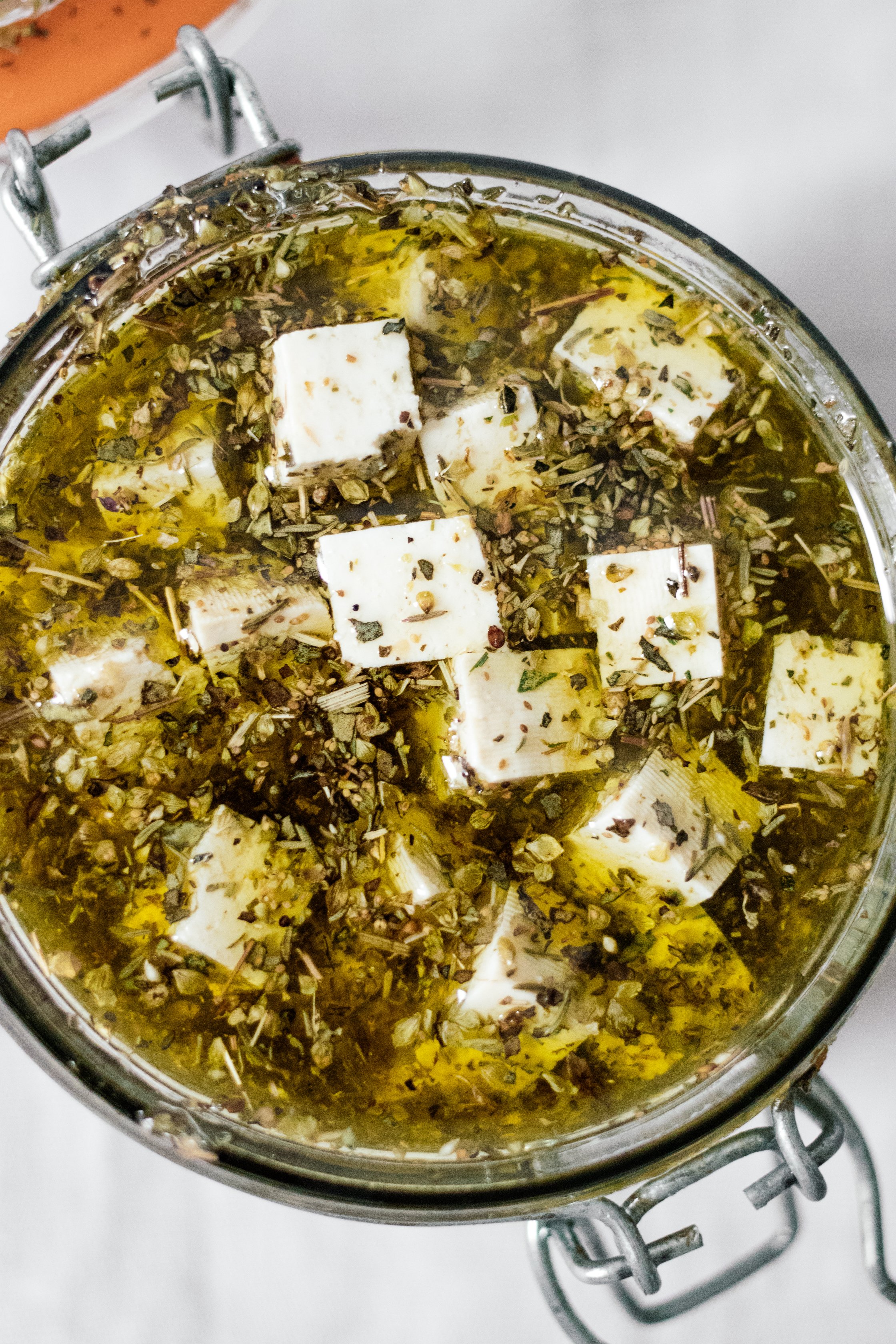 closeup of vegan feta tofu cheese