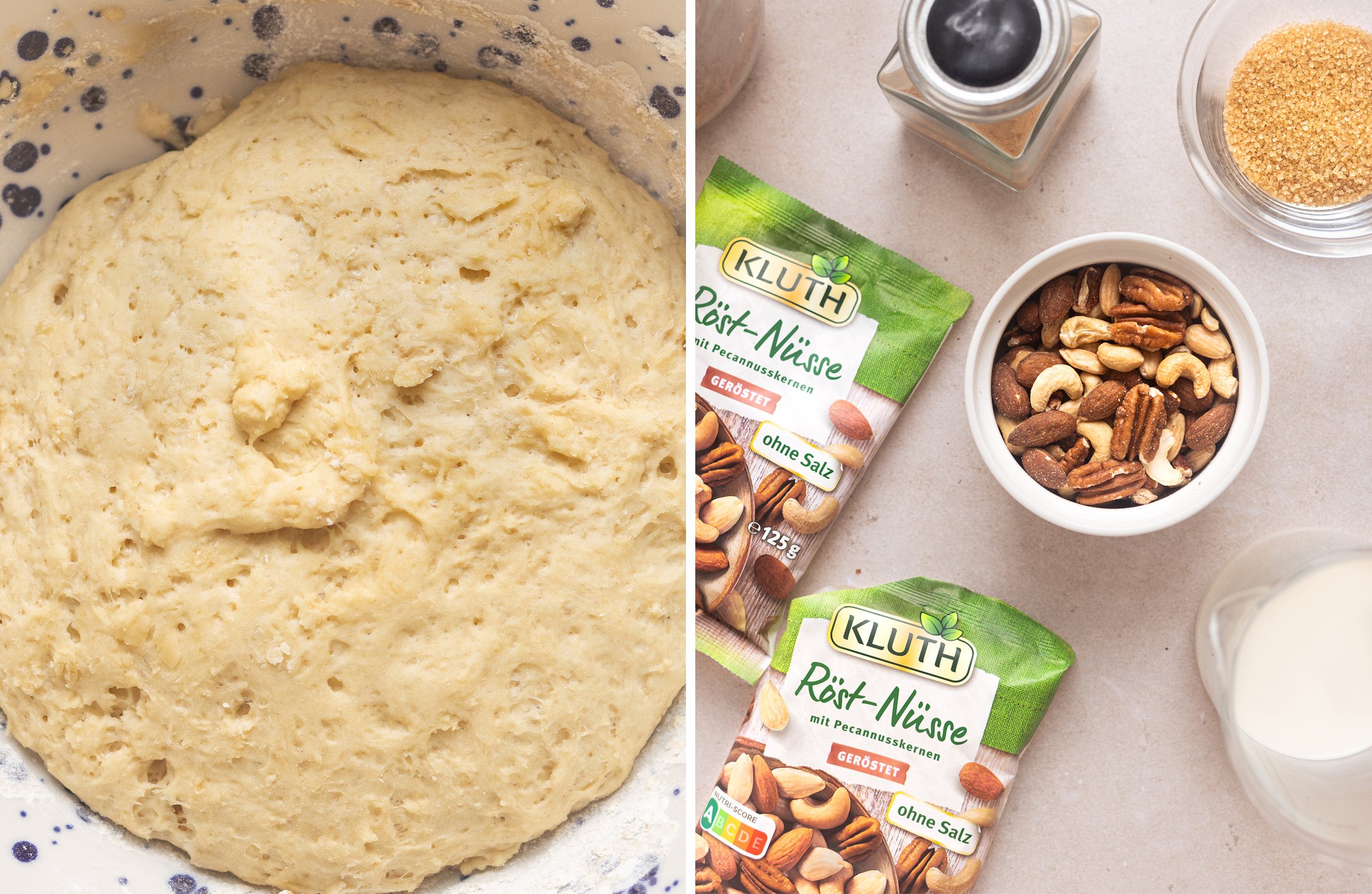 Two-part image - Left: risen yeast dough. Right: Kluth nut mix and other ingredients.