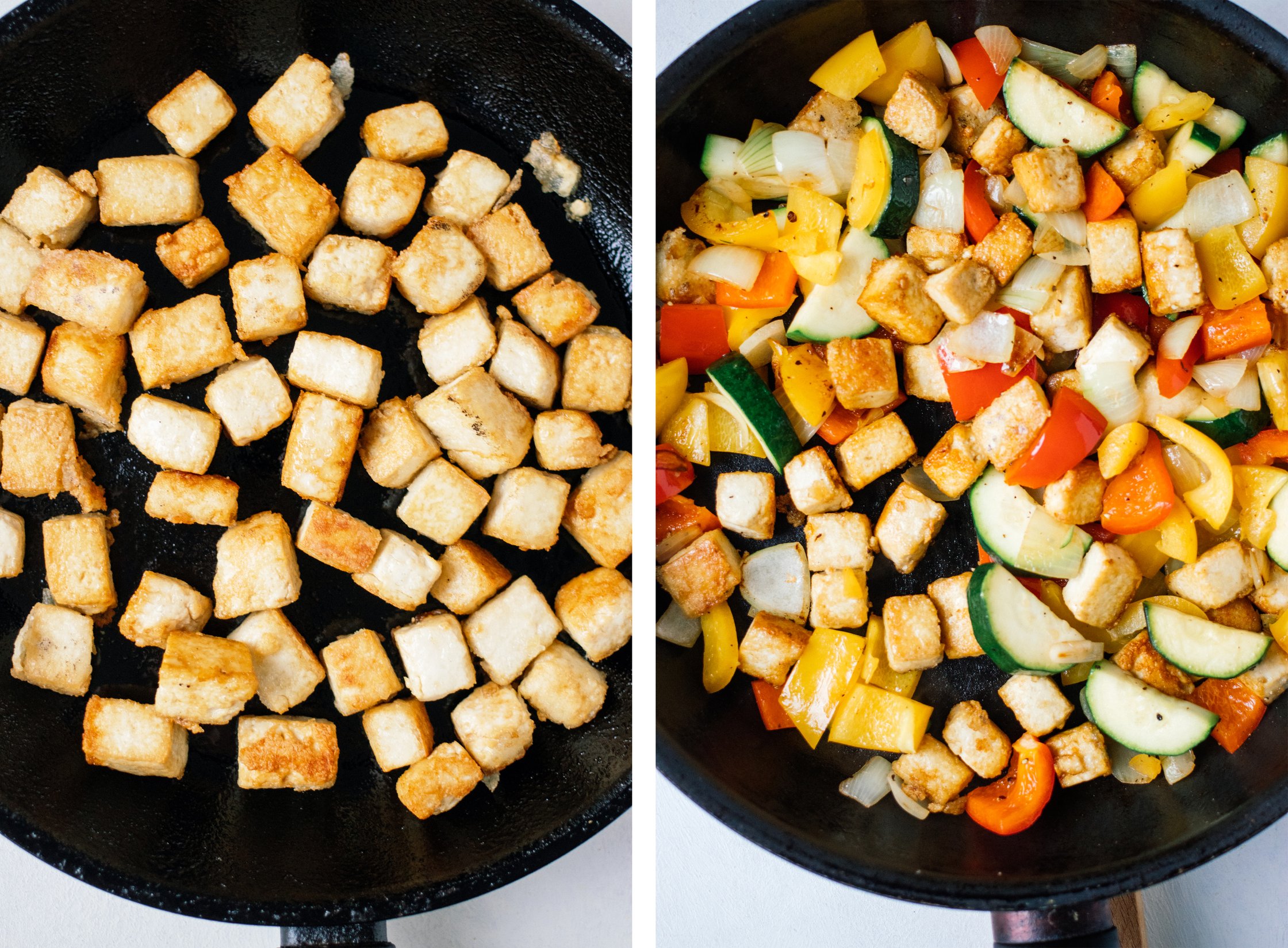 fried tofu and vegetables in a pan