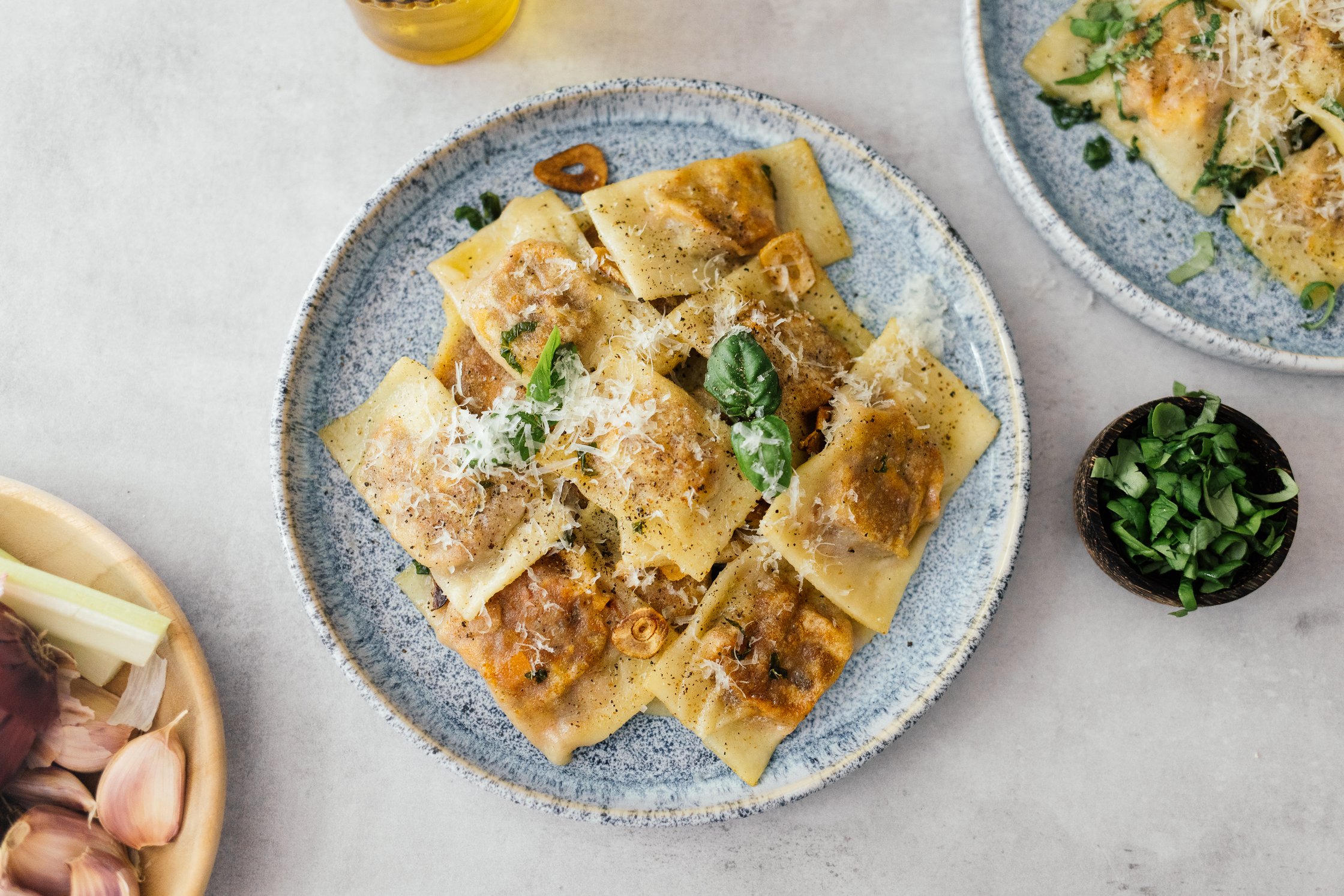 vegan bolognese stuffed ravioli on a plate