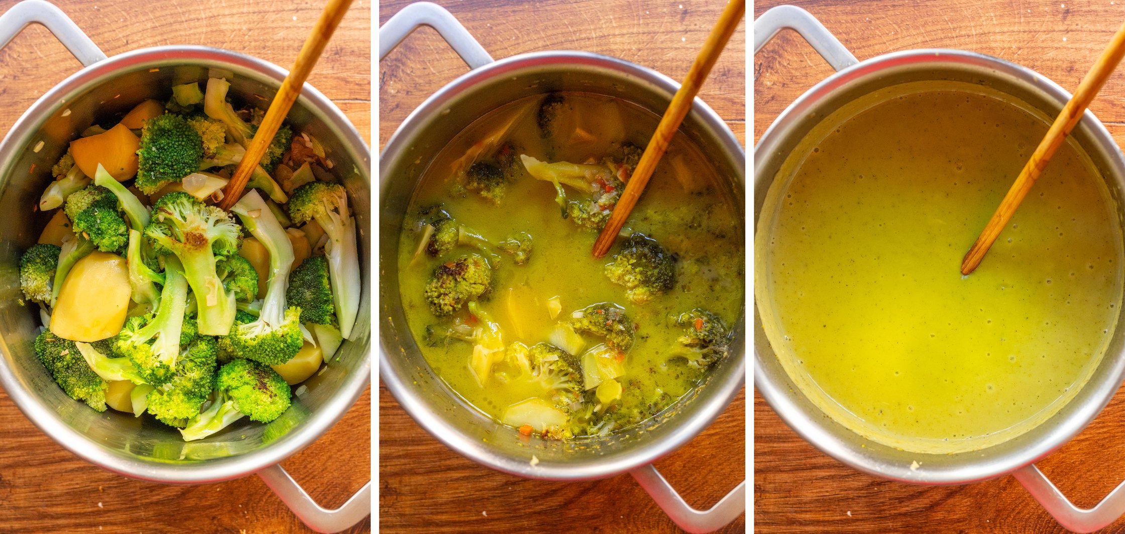 The cooking process of the soup is presented in 3 steps.