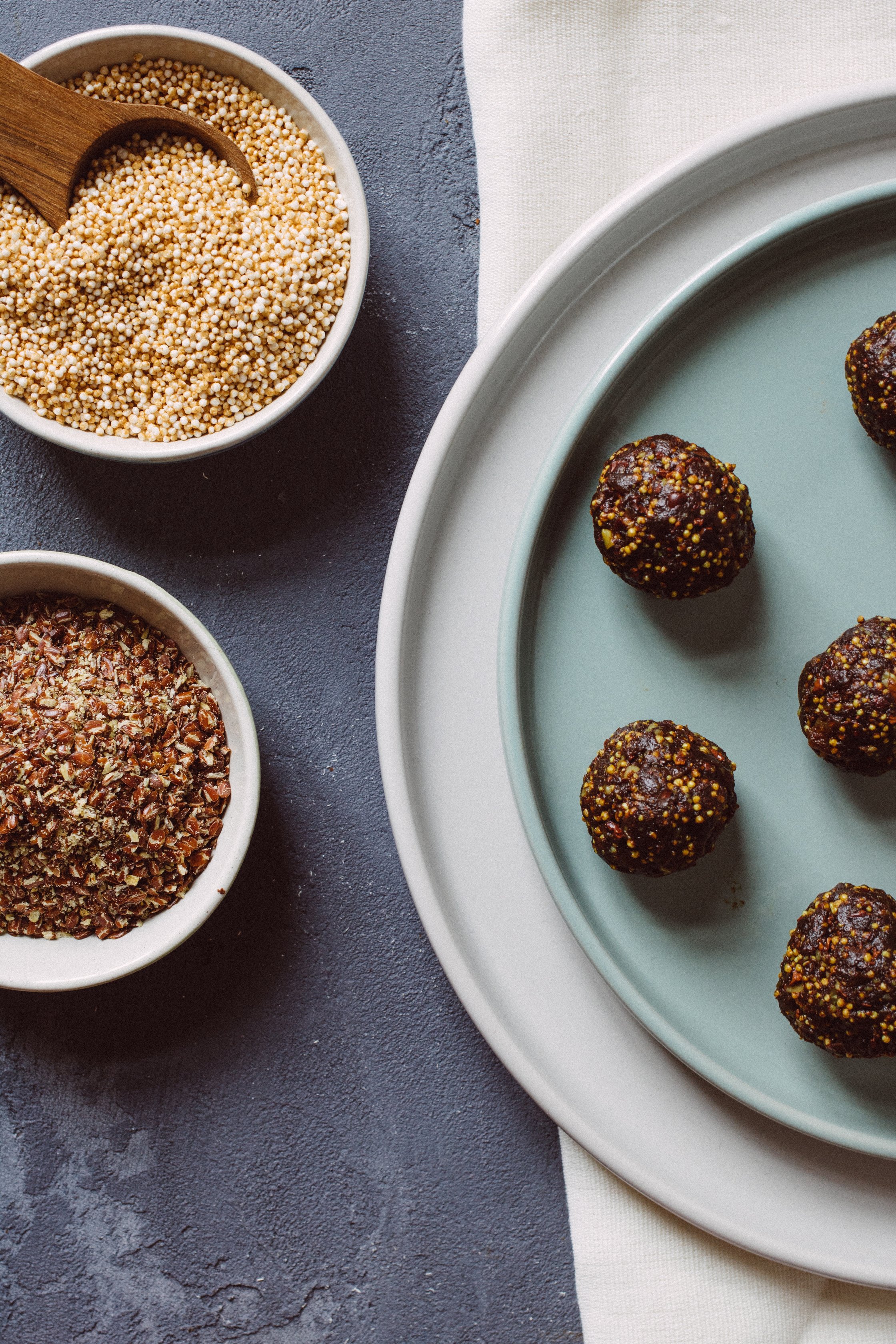 close up of energy balls with ingredients