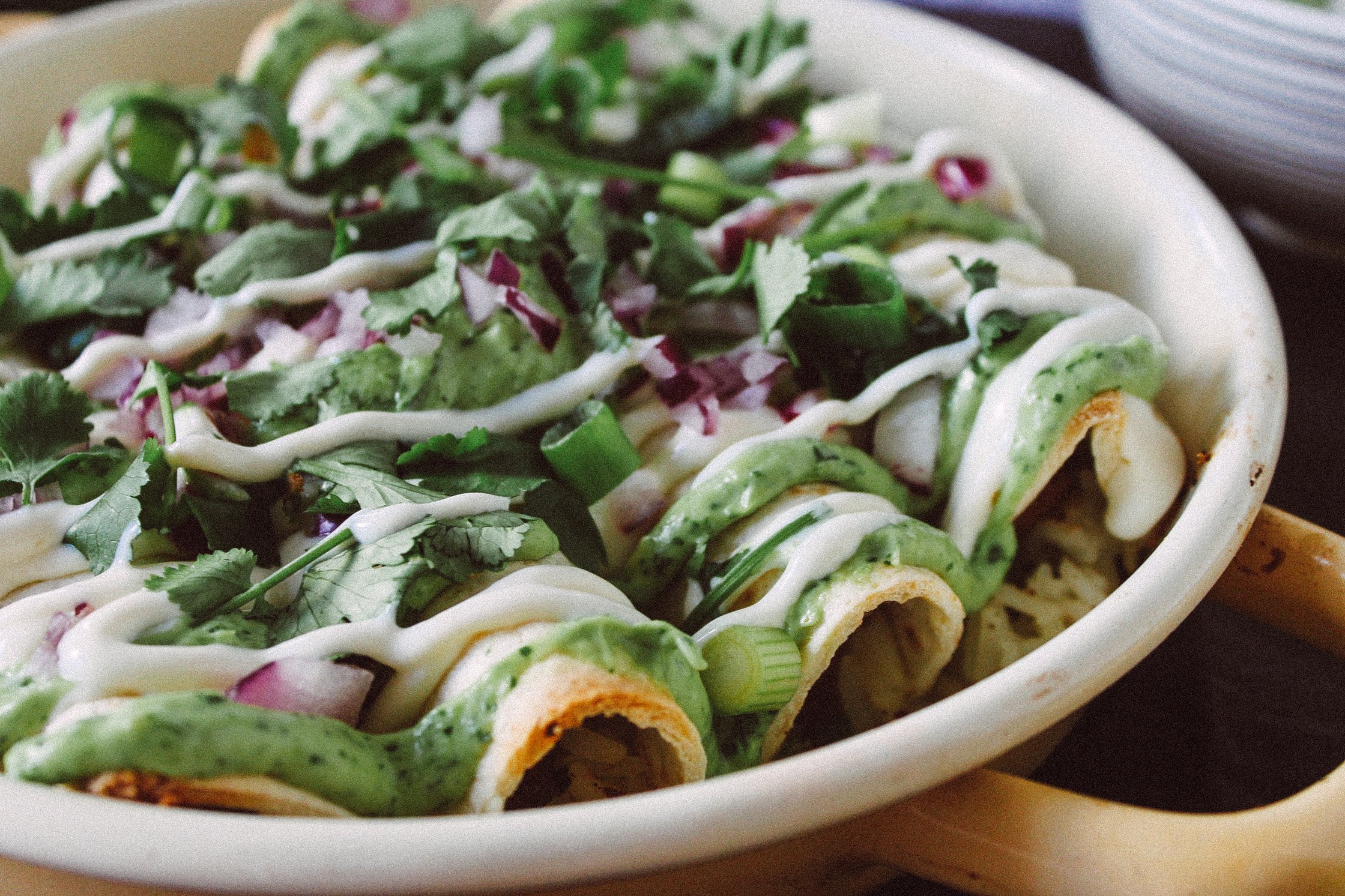 R128 Vegan taquitos with avocado sauce
