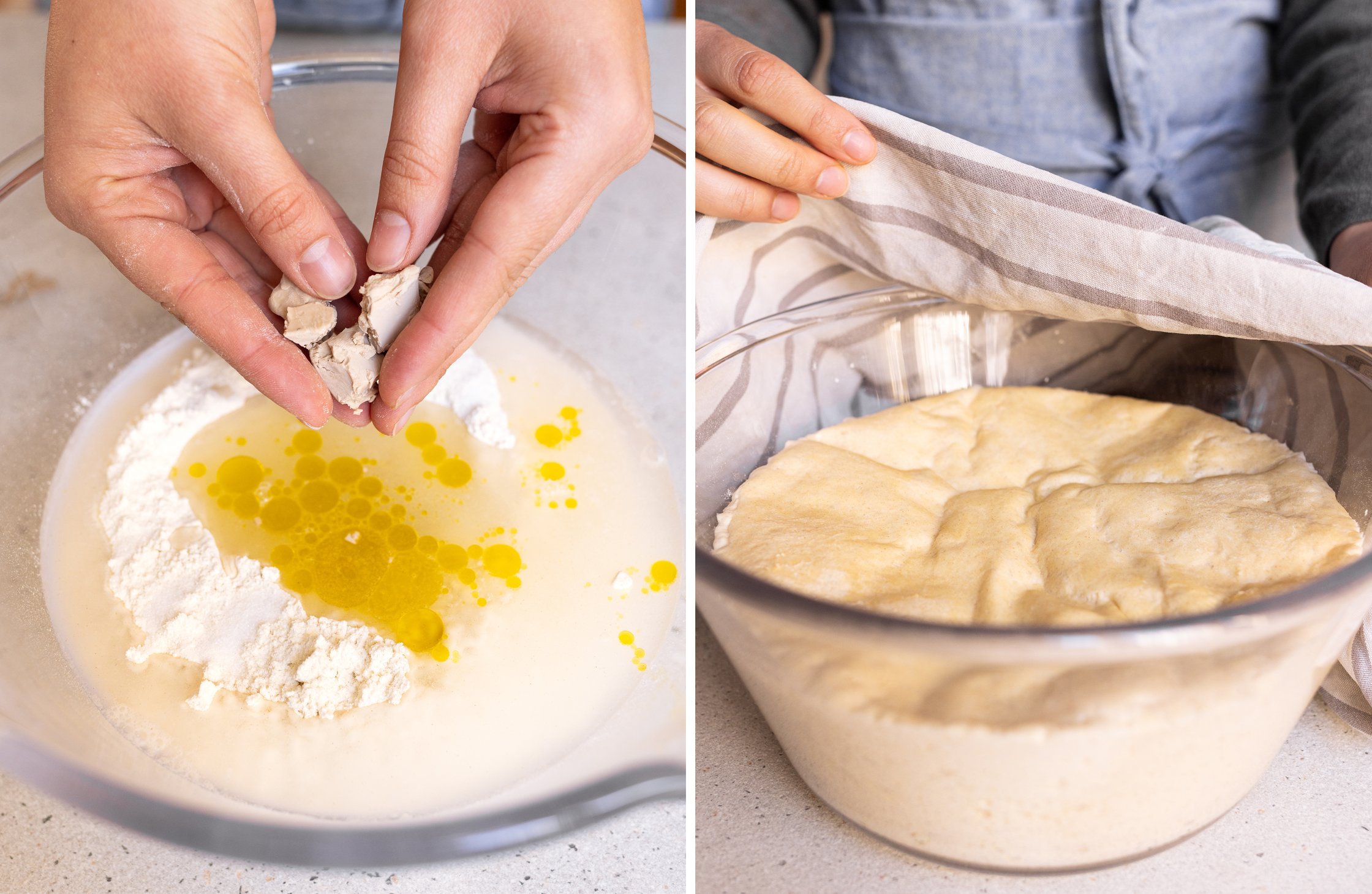 The yeast dough is in the making and afterwards covered to rest.