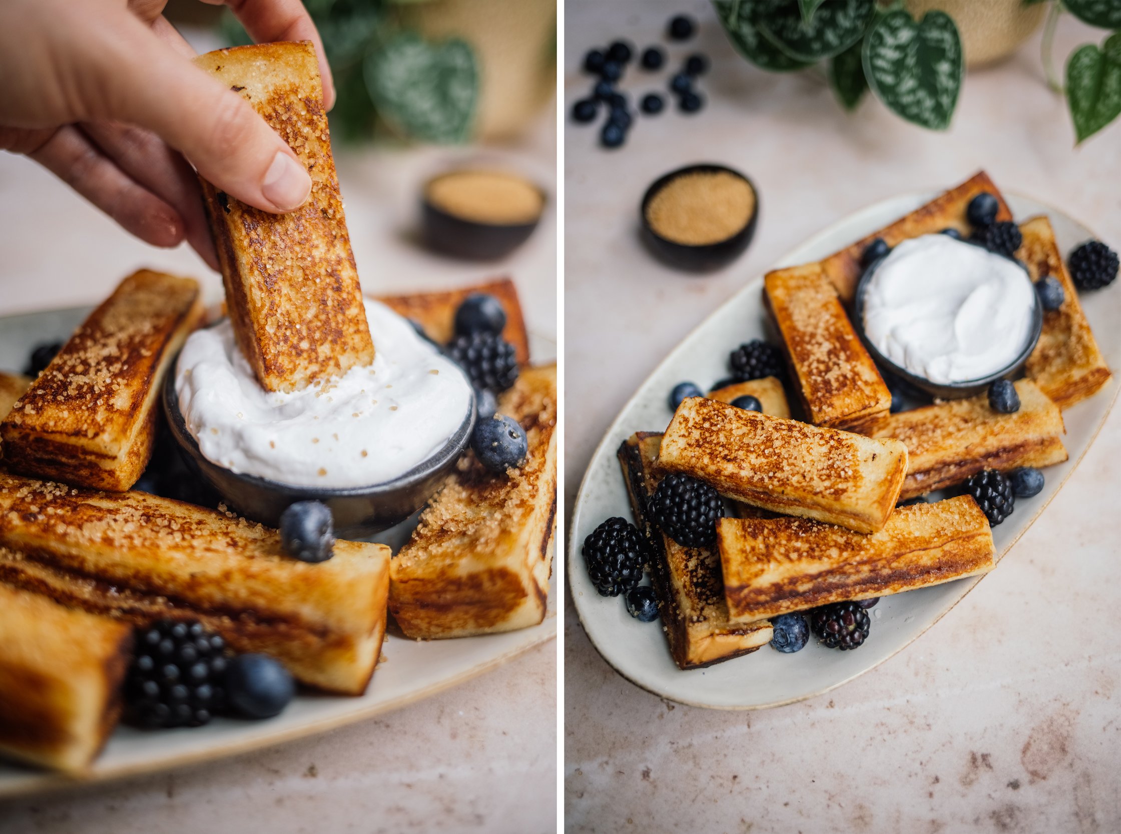 Vegane French Toast Sticks mit Erdnussbutter und Marmelade in Sahne dippen
