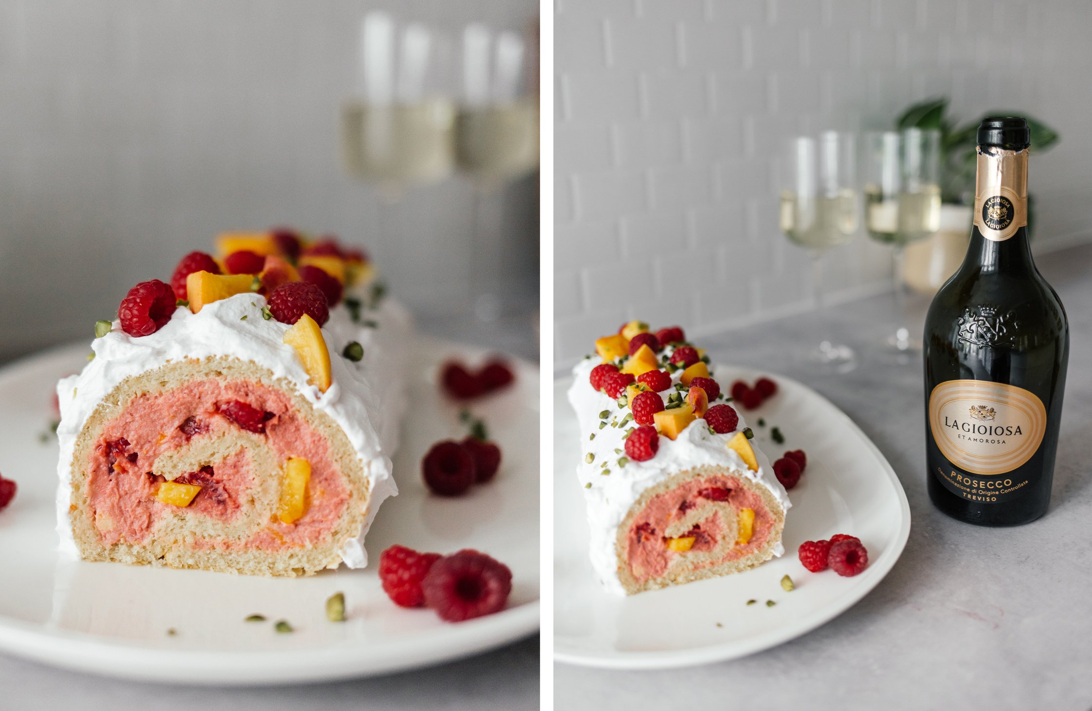 fertige vegane Biskuitrolle und Sekt