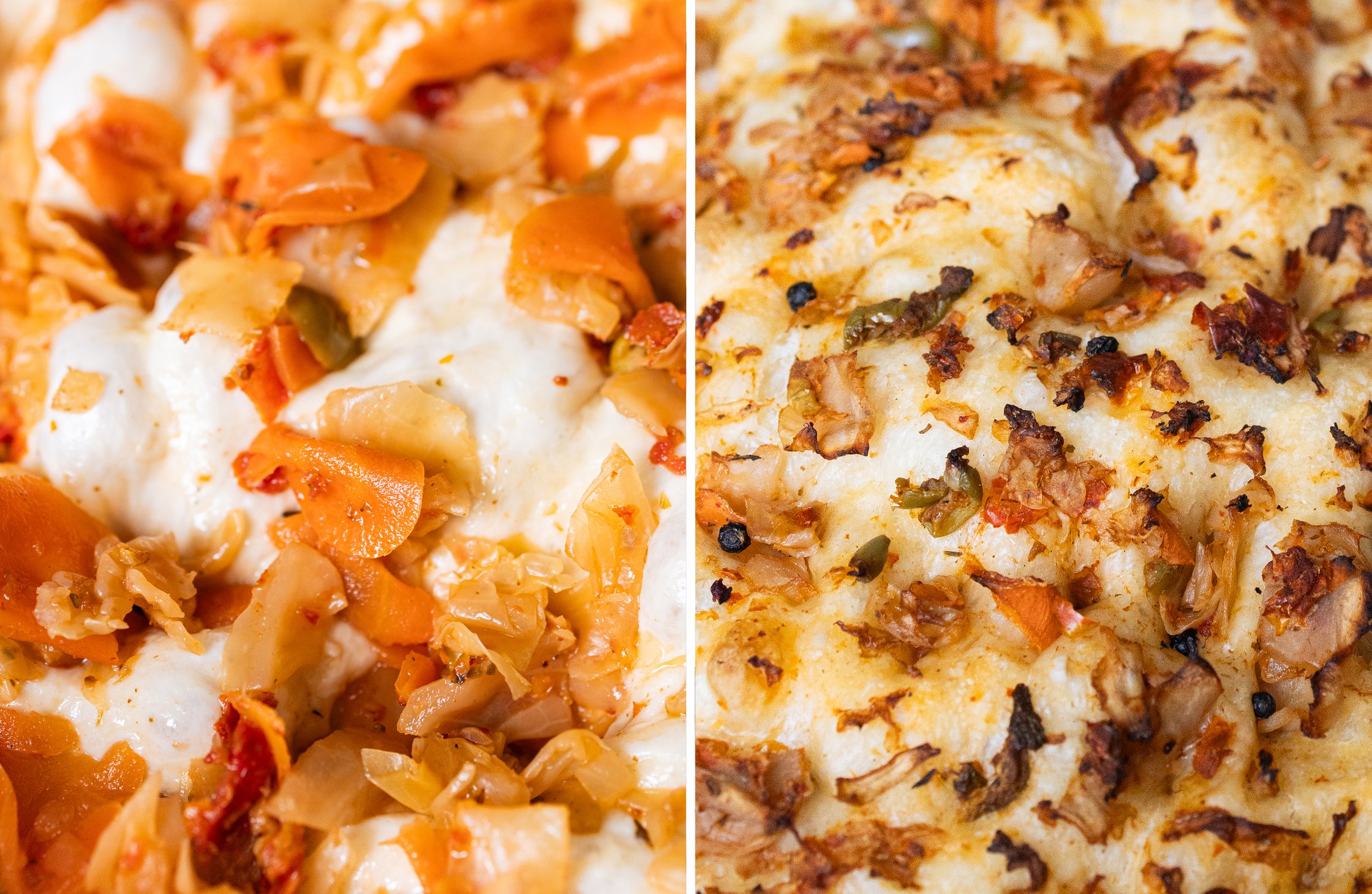 Zweigeteiltes Bild - Links: Close-Up von der Kimchi-Focaccia vor dem Backen. Rechts: Close-Up von der Kimchi-Focaccia nach de
