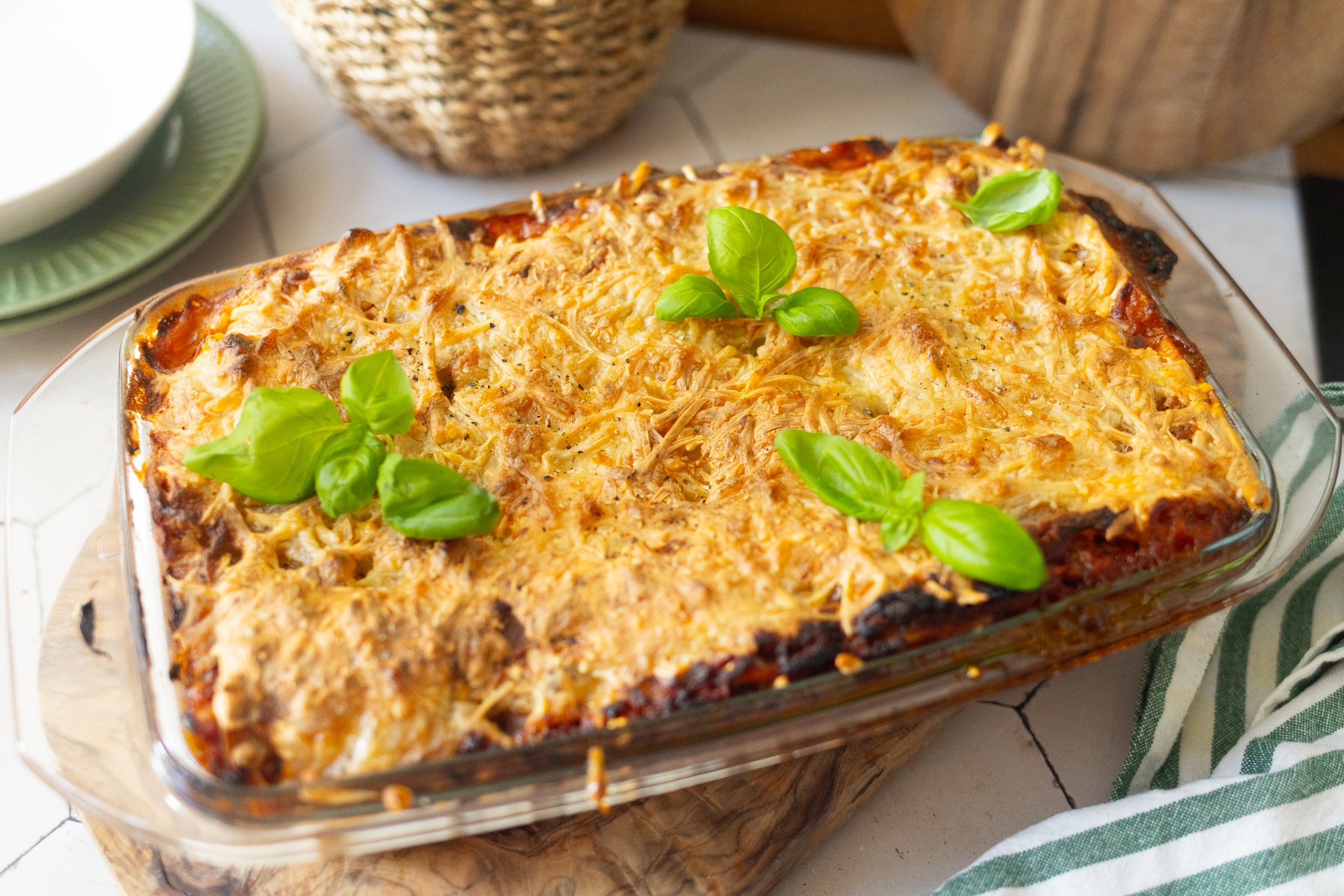 Vegane lasagne nach dem Backen.