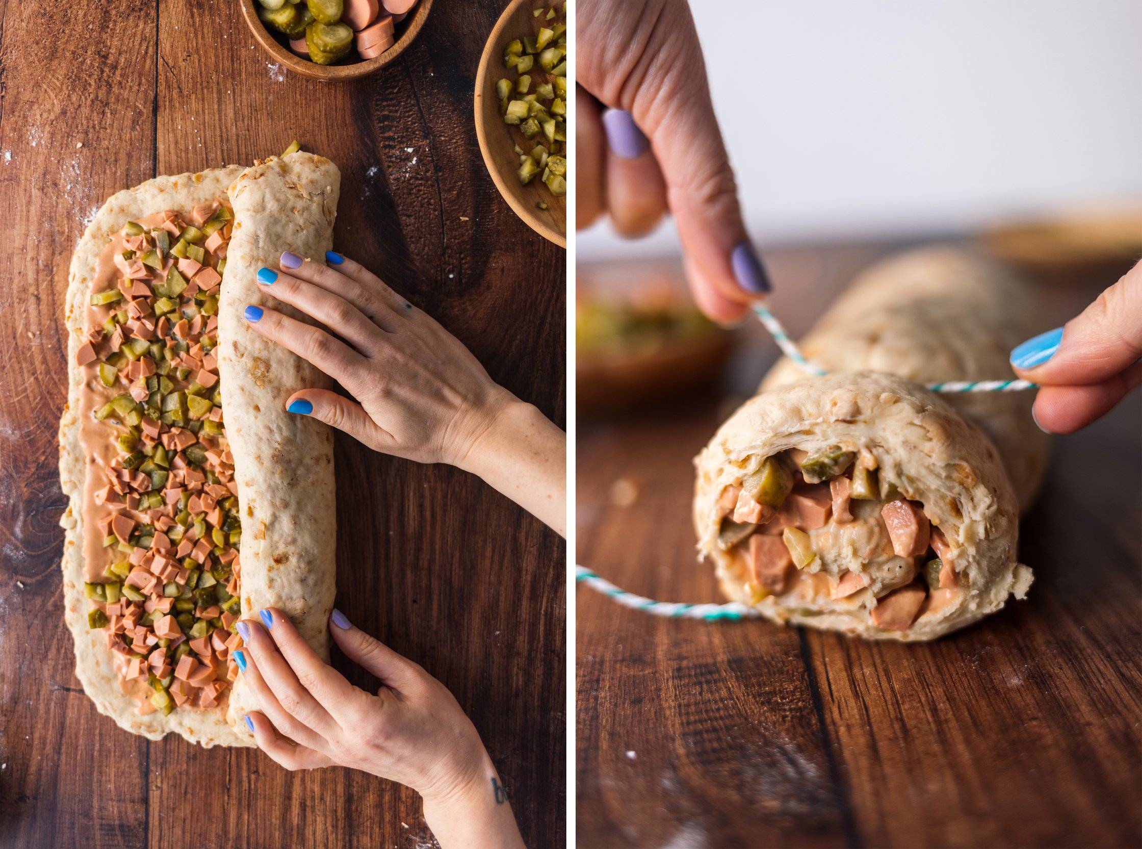 hefeteig für vegane hot dog schnecken rollen und schneiden