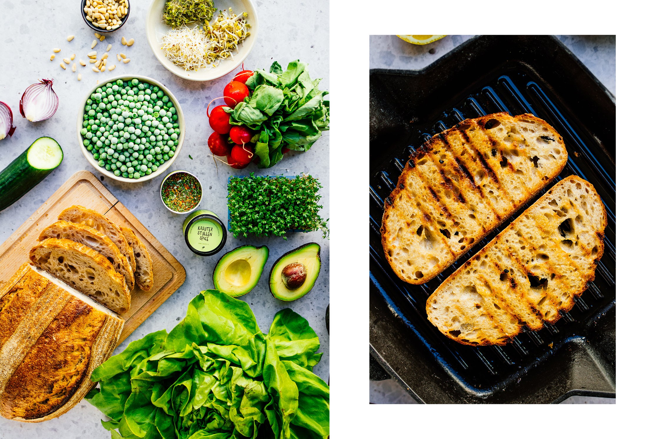 all ingredients for a sandwich with mashed peas and avocado