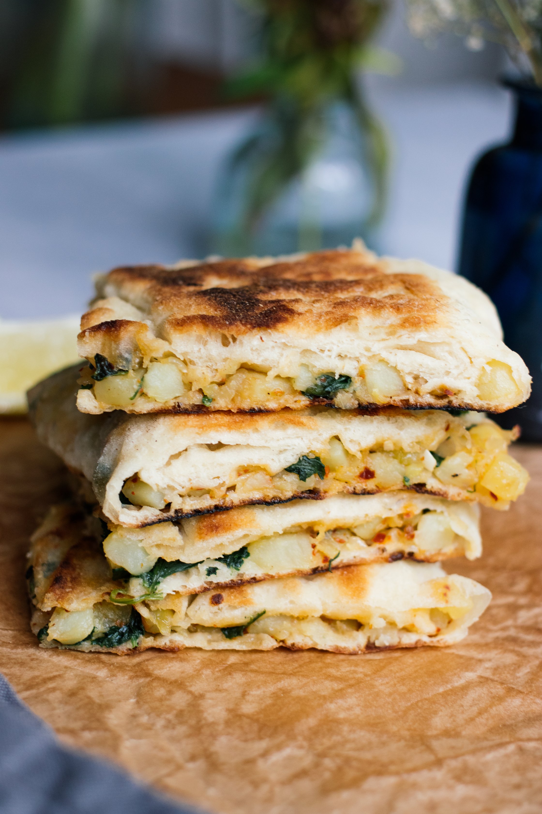 pieces of vegan gozleme piled up