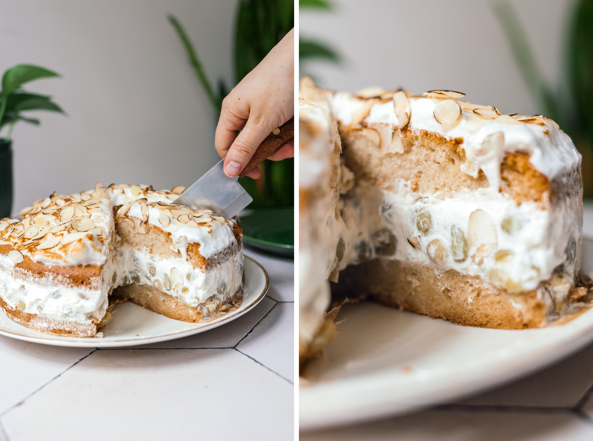 cutting Vegan Gooseberry Meringue Cake into slices