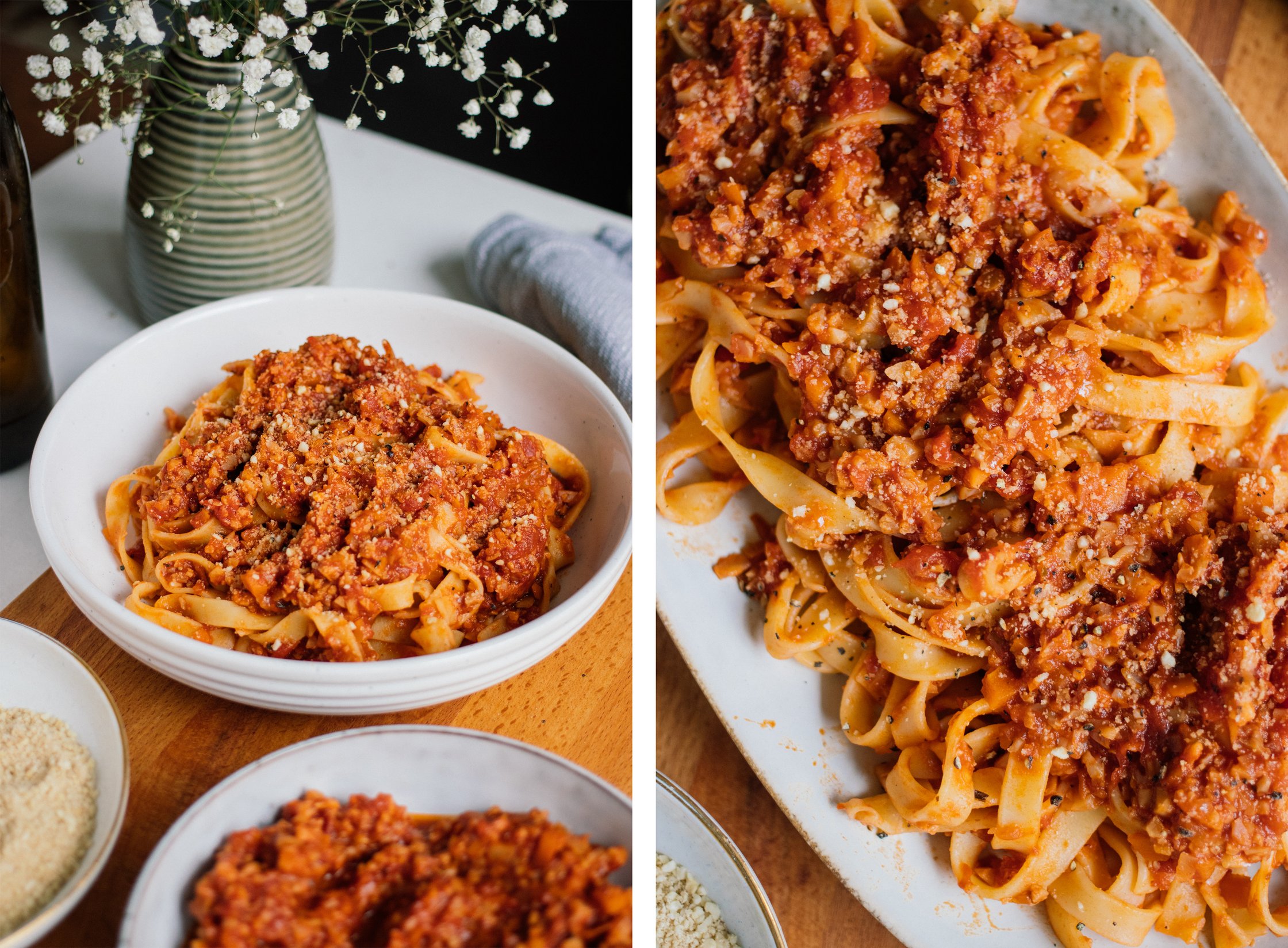 Tagliatelle mit Blumenkohl-Bolognese serviert auf tellern