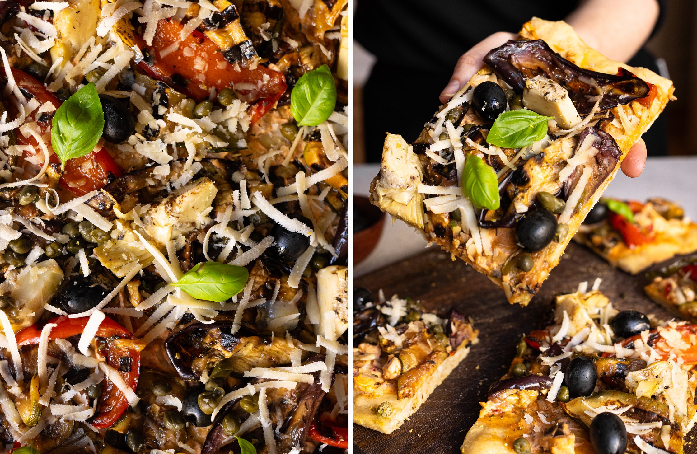 A close-up from the pizza and the antipasti.