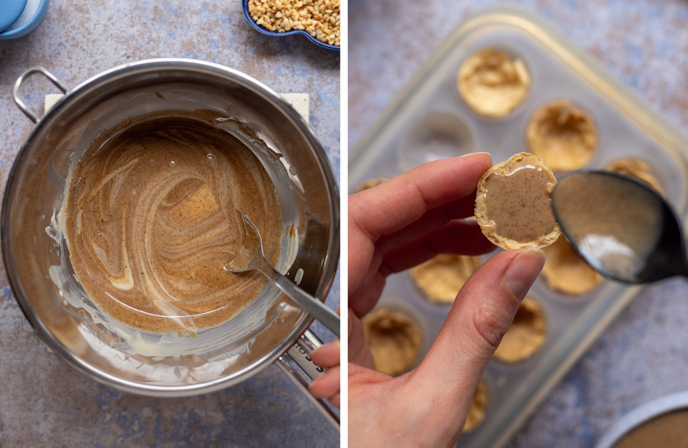 links: vegane haselnusscremefüllung wird angerührt
rechts: Waffelhälfte wird mit haselnusscremefüllung gefüllt