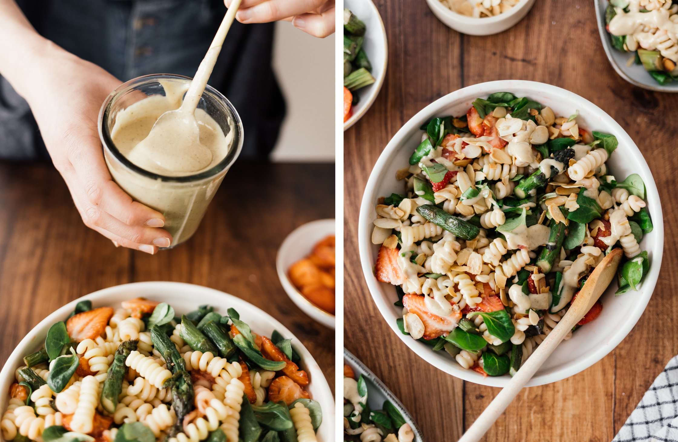 Tahini-Dressing; veganer Nudelsalat mit grünem Spargel und Erdbeeren in einer Schüssel