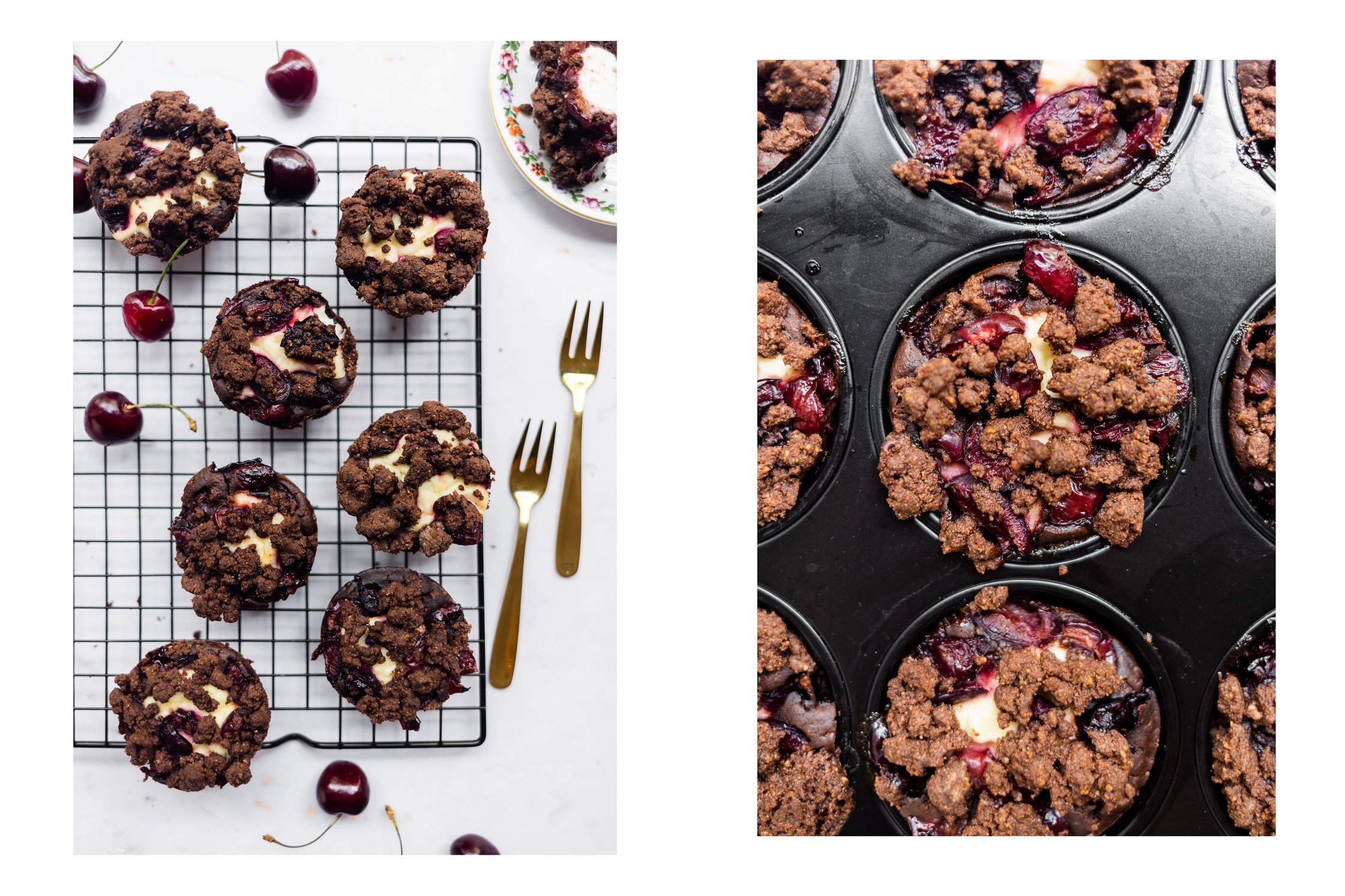 Veganer Schoko-Kirsch-Muffin mit Cheesecake-Füllung auf einem Rost und in einer Form